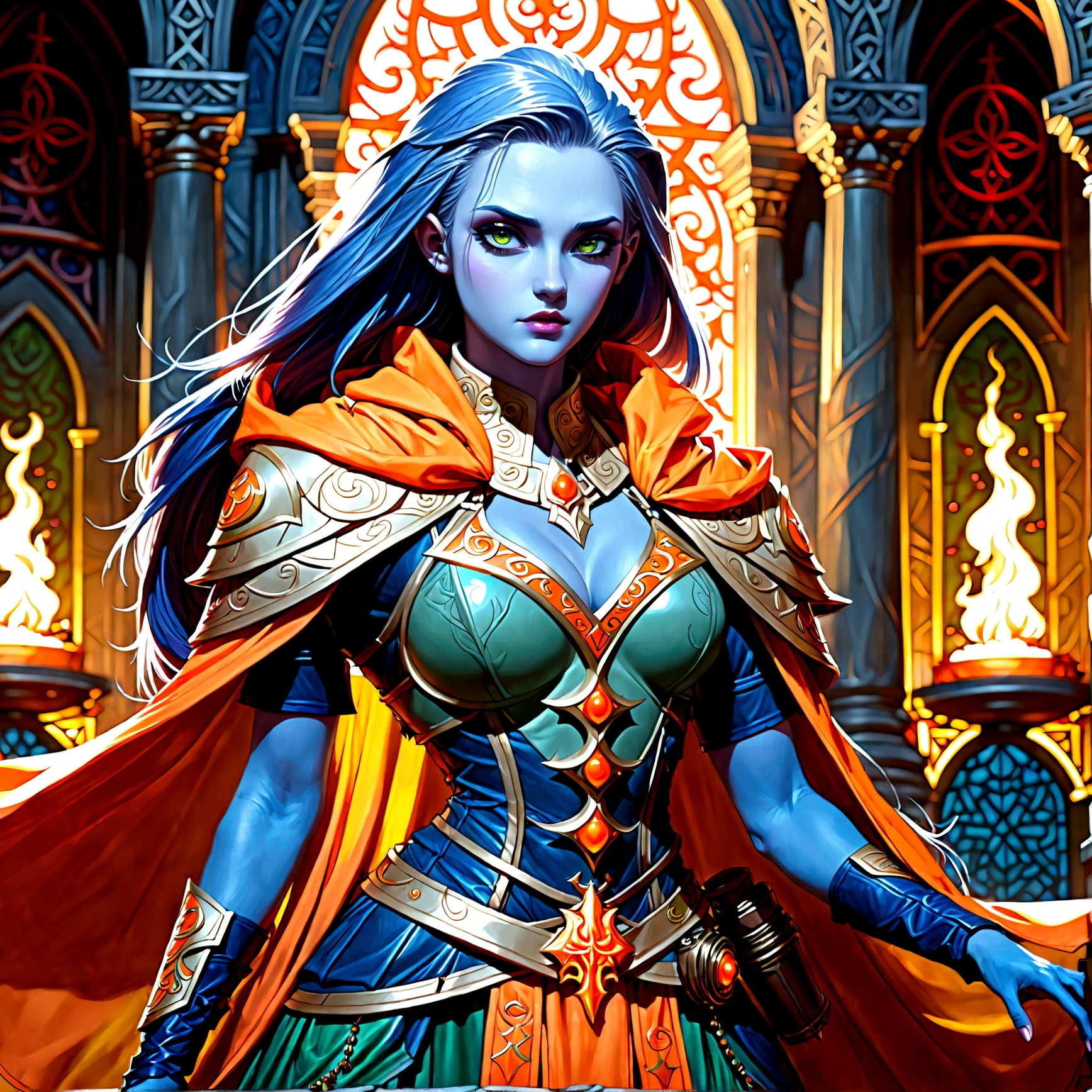 fantasy art, dnd art, RPG art, wide shot, (masterpiece: 1.4) a (portrait: 1.3) intense details, highly detailed, photorealistic, best quality, highres, portrait a female (fantasy art, Masterpiece, best quality: 1.3) ((blue skin: 1.5)), intense details facial details, exquisite beauty, (fantasy art, Masterpiece, best quality) cleric, (blue skinned: 1.3) female, white hair, long hair, (no ears: 1.5), (green eyes: 1.3), armed with a fiery sword red fire, wearing (twilight priestly combat vestments: 1.5), wearing high heeled laced boots, wearing an (orange cloak:1.3), wearing glowing holy symbol GlowingRunes_yellow, within fantasy temple background, reflection light, high details, best quality, 16k, [ultra detailed], masterpiece, best quality, (extremely detailed), close up, ultra wide shot, photorealistic, RAW, fantasy art, dnd art, fantasy art, realistic art,((best quality)), ((masterpiece)), (detailed), perfect face, Cinematic Hollywood Film style
