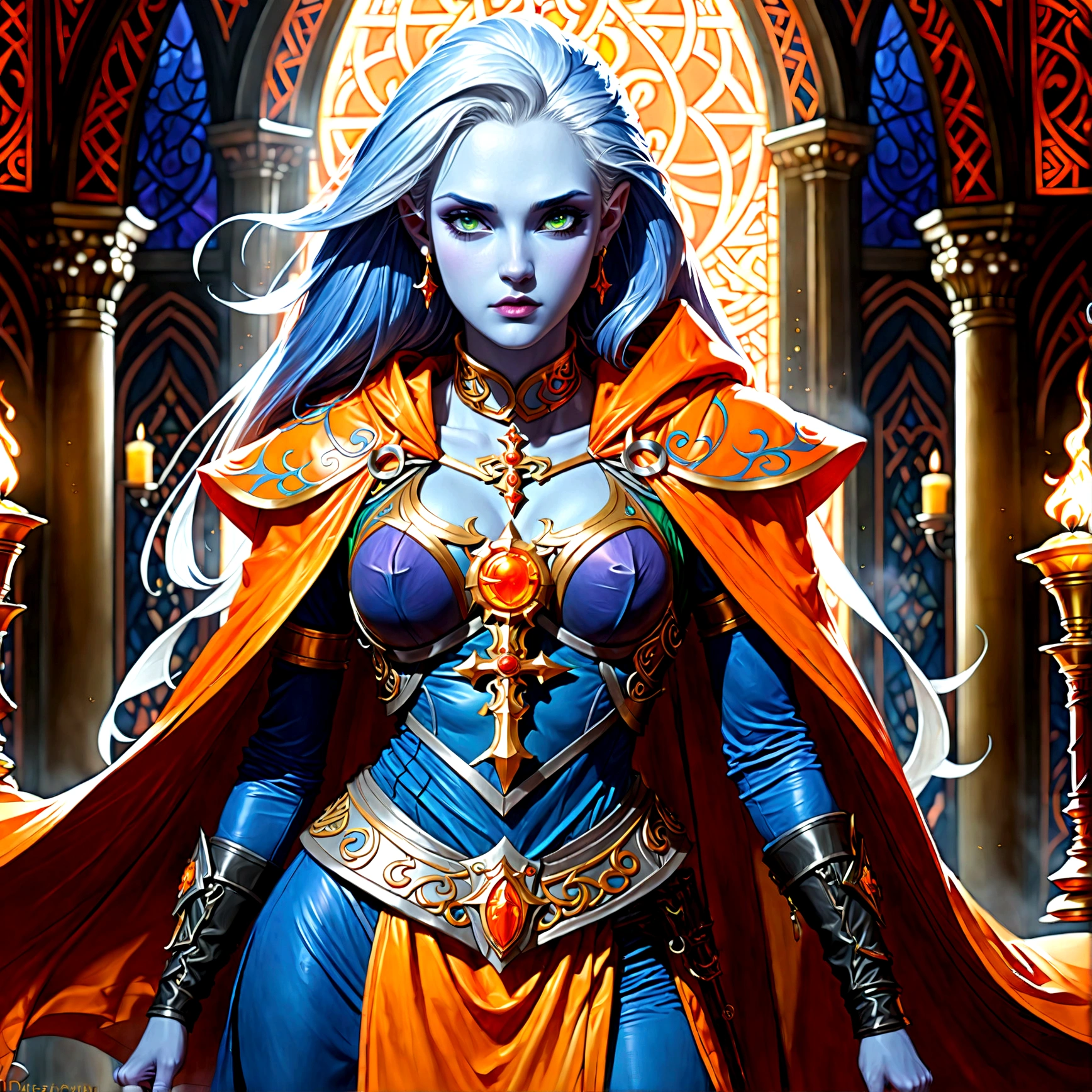 fantasy art, dnd art, RPG art, wide shot, (masterpiece: 1.4) a (portrait: 1.3) intense details, highly detailed, photorealistic, best quality, highres, portrait a female (fantasy art, Masterpiece, best quality: 1.3) ((blue skin: 1.5)), intense details facial details, exquisite beauty, (fantasy art, Masterpiece, best quality) cleric, (blue skinned: 1.3) female, white hair, long hair, (no ears: 1.5), (green eyes: 1.3), armed with a fiery sword red fire, wearing (twilight priestly combat vestments: 1.5), wearing high heeled laced boots, wearing an (orange cloak:1.3), wearing glowing holy symbol GlowingRunes_yellow, within fantasy temple background, reflection light, high details, best quality, 16k, [ultra detailed], masterpiece, best quality, (extremely detailed), close up, ultra wide shot, photorealistic, RAW, fantasy art, dnd art, fantasy art, realistic art,((best quality)), ((masterpiece)), (detailed), perfect face, Cinematic Hollywood Film style
