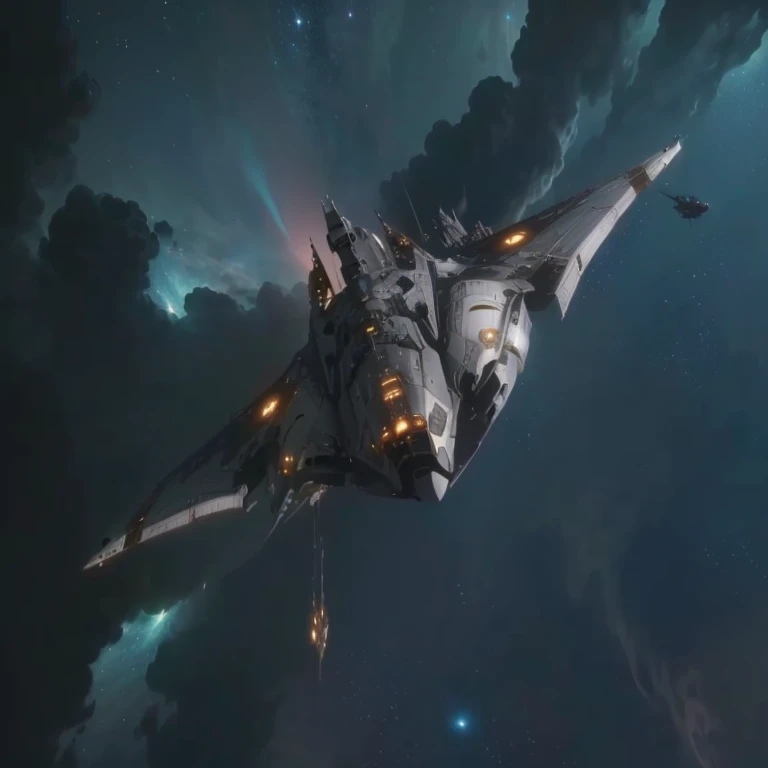 a closeup of a spaceship flying through a space full of stars, an epic spaceship scene, eve movie online still, science fiction spaceship in combat, Alien spacecraft flying in space, nave espacial detallada del accidente, Landing in an epic space battle, plano general de una batalla de naves espaciales, an intact ancient alien ship, naves espaciales extraterrestres, Nave espacial explotando