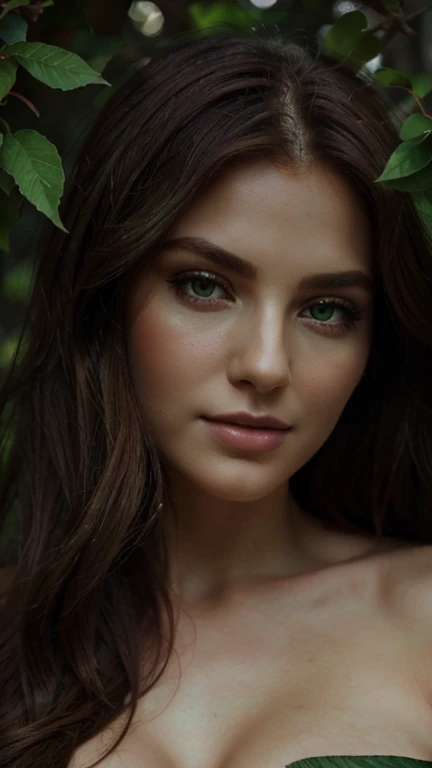 The image is a captivating close-up portrait of a striking woman adorned with long, cascading red locks and mesmerizing green eyes. With her bare shoulders bared and a solitary emerald green leaf delicately positioned on her chest, she exudes an aura of enchanting allure and unfaltering self-assurance. Her captivating gaze pierces the camera, inviting the viewer into her serene world. The backdrop softly fades into a verdant hue, harmoniously accentuating her hair, makeup, and the verdant leaf, creating a peaceful, verdant ambiance within the photograph.