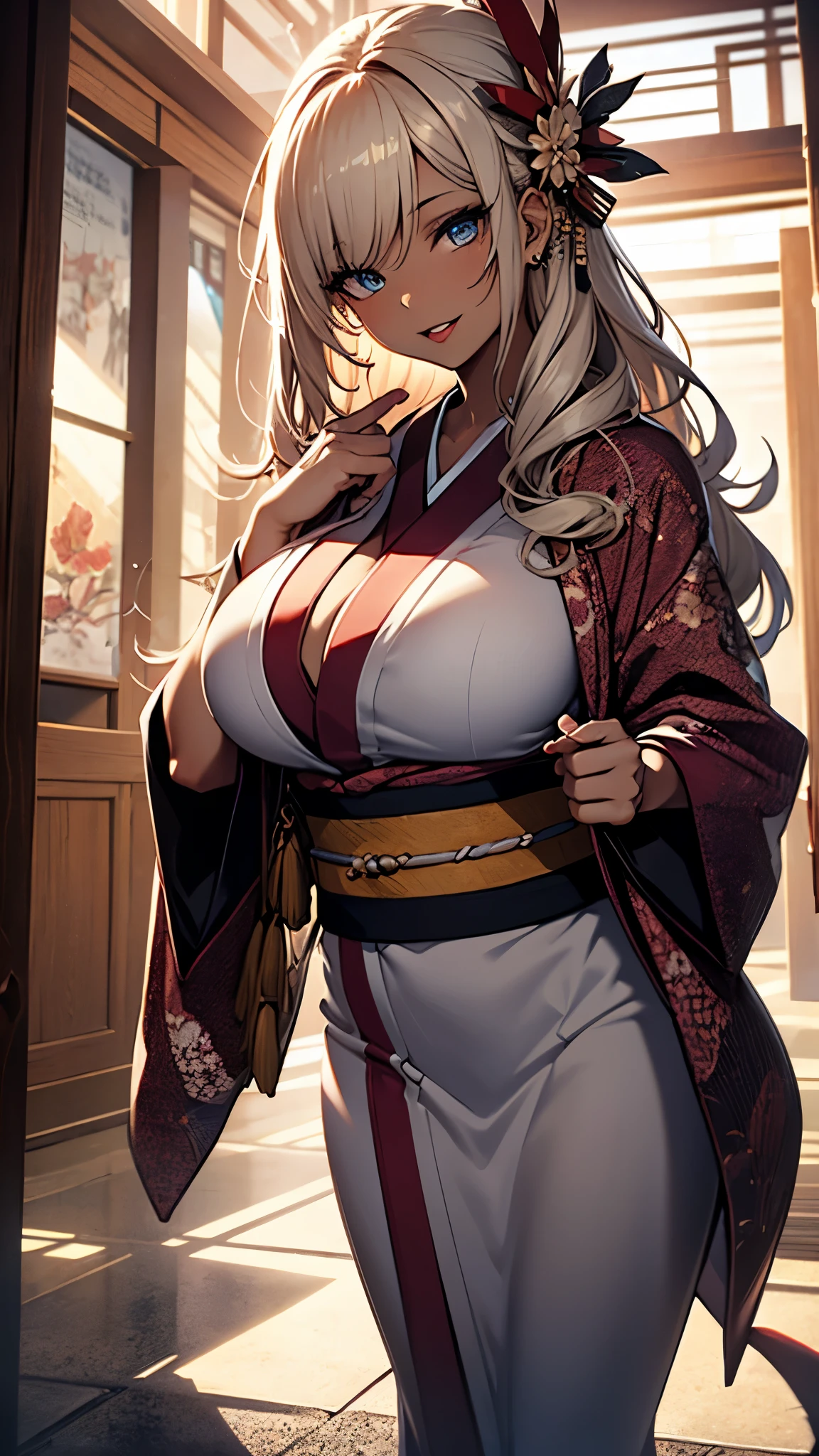 (1girl:1.3), Masterpiece, Best quality, amazing beauty, [[3D]], 4K, absurdres, finely detail, super detailed eye, perfect anatomy, official art, cinematic lighting, BREAK, garden, silky long hair, silky wavy hair, gold hair, super shiny detailed blue eyes, big eyes, watery eyes, cute eyes, thin eyebrow, Looking Over, open-mouth, plump lips, wide smile, mascara, rouge, Eyeshadow, red lips, piercing, Excited, BREAK , huge breasts, tall, slender, black skin, gloss skin, singing, cowboy shot, dutch angle, BREAK , , BREAK,(twelve-layered ceremonial kimono:1.3)