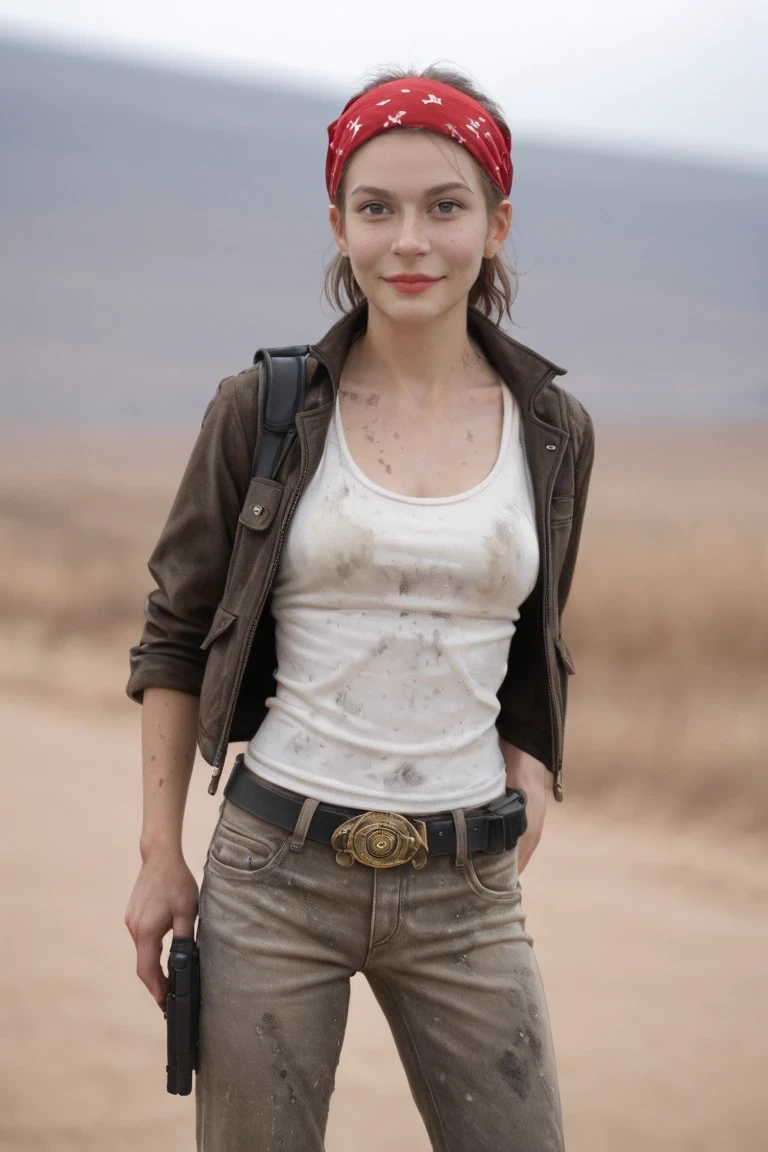 score_9, score_8_up, score_7_up, BREAK,
Action, heroine, dual, pistols, denim, jacket, white, tank, top, dirty, rugged, belt, holster, brunette, wavy, hair, confident, stance, adventurous, bandana,