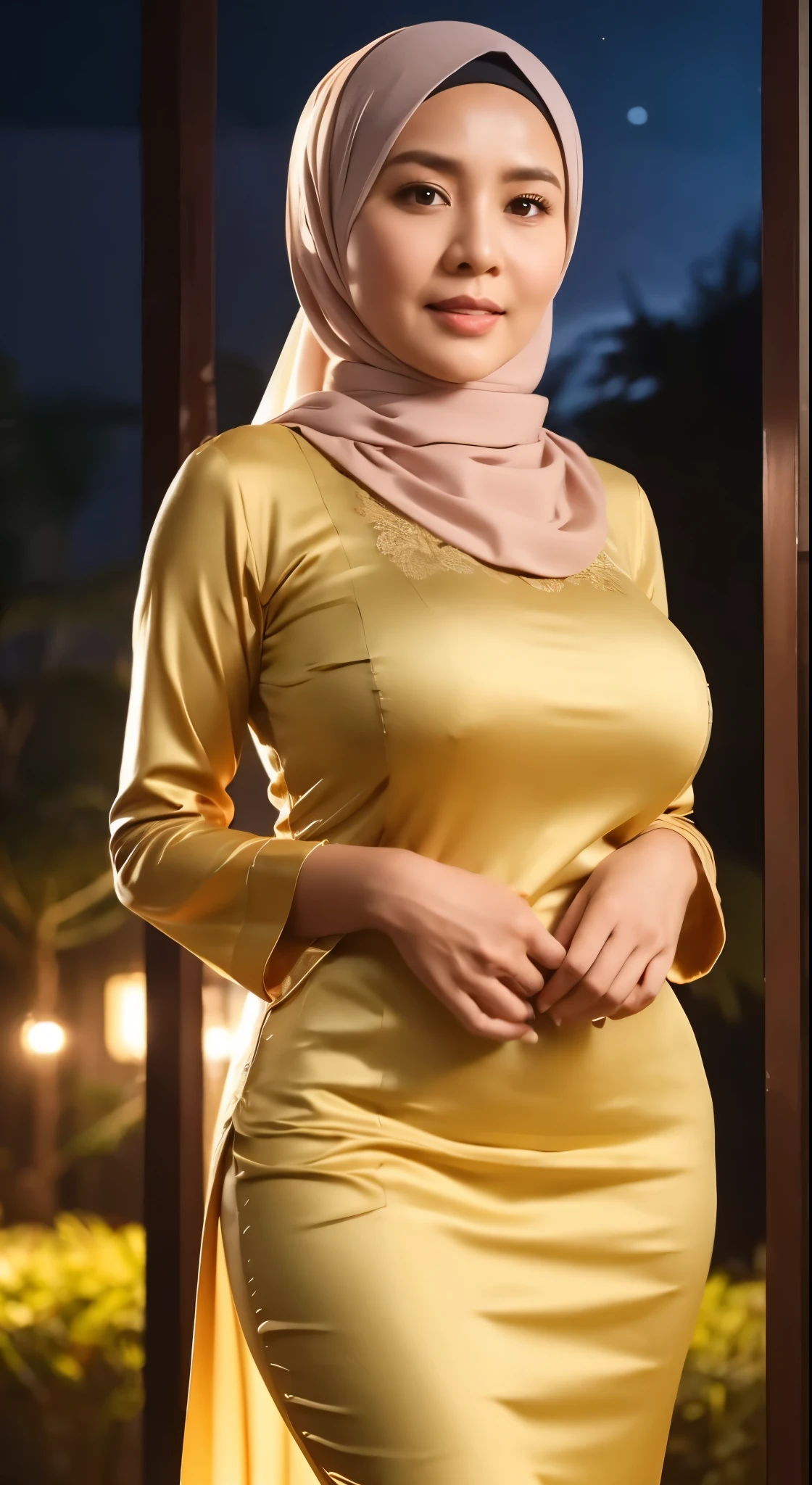 50 years Old, Hijab Indonesian mature woman, Big Tits : 66.9, Gamis, Breast out from her clothes : 1.9, at doctor office, Dark light, at Nighttime