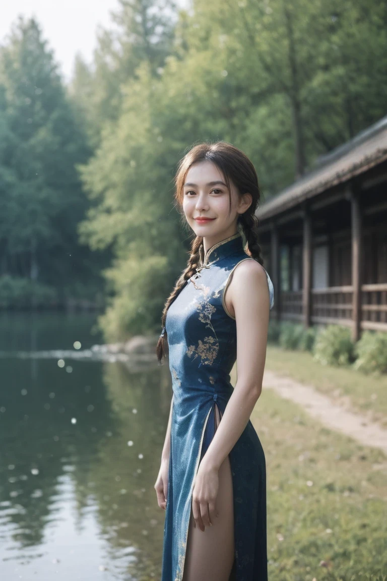 score_9, score_8_up, score_7_up, BREAK,
1girl, brown eyes, light brown hair, twin braids, china dress, china, outdoors, village, tree, river, pelvic curtain, light particles, sunbeam, hand on own hip, head tilt, lens flare, from side, people fishing on background masterpiece, best quality, intricate detail, detailed raw photo, realistic, photorealistic