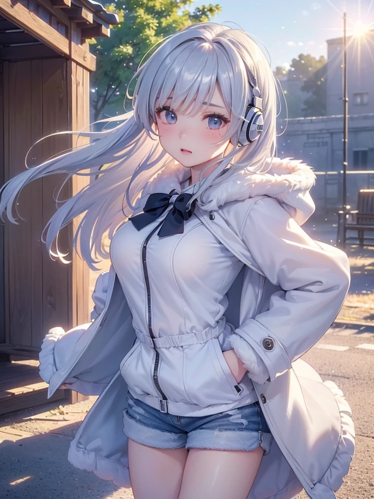 (Upper body portrait:1.5)((masterpiece:1.5、8k、Portraiture、フォトリアリスティックでVery detailedなCG、Very detailed、Particle Effects、Dynamic Effects、Written boundary depth、Cinematic Light、Lens flare、Ray Tracing、Tabletop、Realistic:1.4、超A high resolution:1.2、Realistic、Realistic))((alone、Huge headphones:1.5、A woman wearing a large duffle coat、Shorts、コートでShortsが隠れる、Put your hands in your pockets、Detailed face、bright表情、young, bright, Whiter skin、Big beautiful breasts、Best Looks、Ultimate beauty、Shiny silver hair with highlights、bright and shiny hair,、Modern Hairstyles、Hair dancing in the wind))(morning、Countryside Winter、Deserted station platform)take your eyes away from here、Beautiful profile