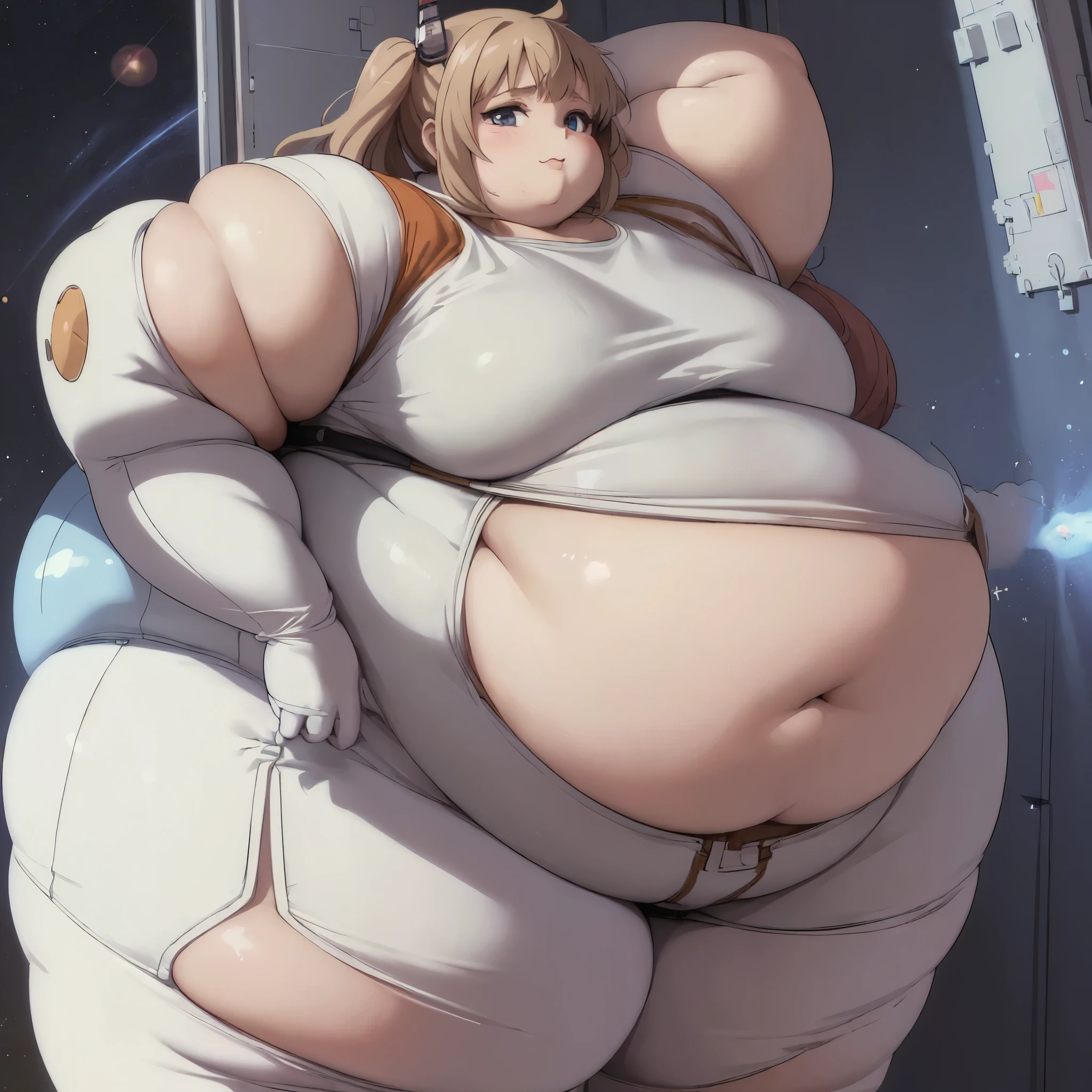 solo, (masterpiece:2), (high quality), (high detail), (anime:1.5), (natural light), (cute, kawaii), girl, scientist, (tight space suit:1.5), fat, obese , (flabby:1.25), cellulite, (heavy), (fat rolls:1.25), (giant belly), (realistic figure:1.2), (physical fat), (hallway, space station), (little light, dark), (future:1.2), (realism:1.2)