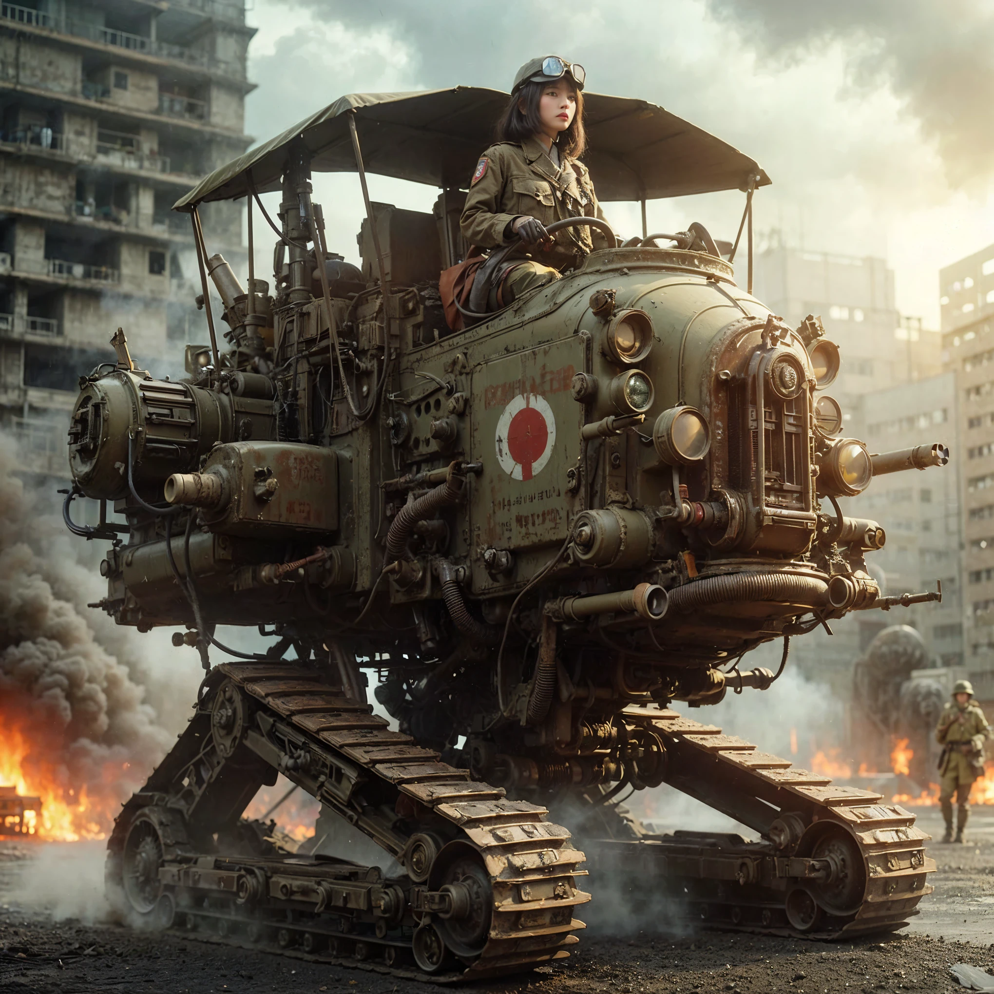 A fictional WWII Japanese female soldier piloting a humanoid weapon of the Imperial Japanese Army、Beautiful Face、Torn trousers、dirty clothes、Very intricate details、Olive drab paint、Peeling paint、Weathering、Trench Warfare Background、Photorealistic、taken with Fuji film X-T30+Nokton. HDR10