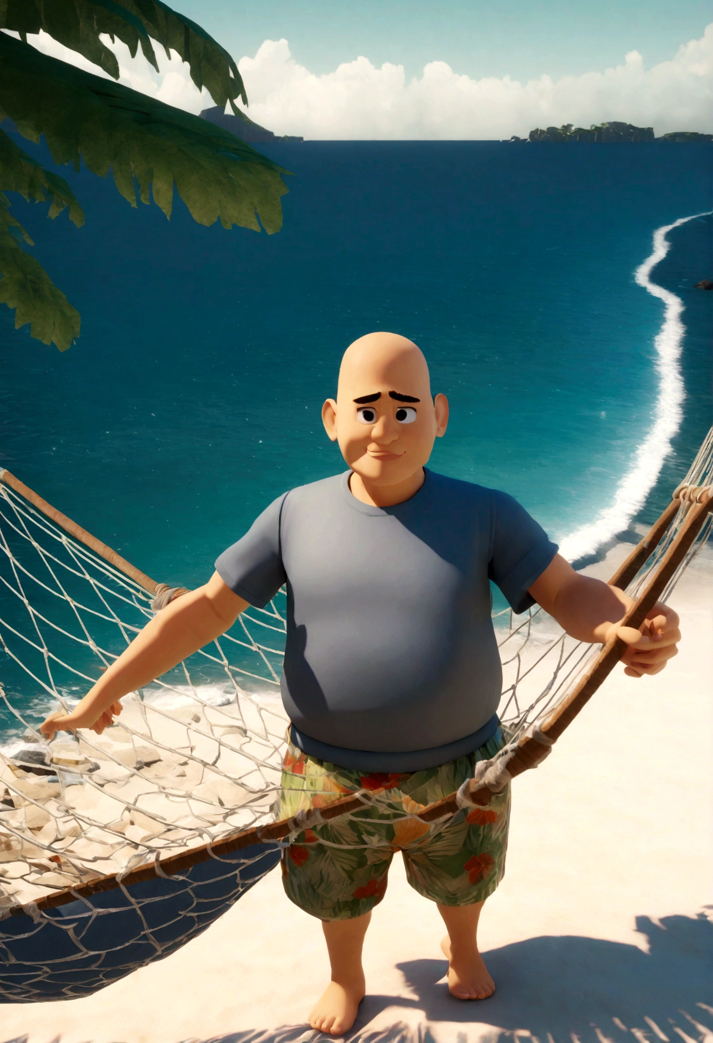 Create a cartoon of a beach at night with two coconut trees and a hammock tied between them. Lying in the hammock is a bald man, straight black hair at ear level combed to the side the man has a friendly round face and is chubby, is wearing a blue t-shirt, floral shorts and is barefoot with a very friendly look on his face and his face is round, the drawing is on the edge of a beach and you can see the sea in the background at night, em frente ao homem tem uma mesa retangular toda coberta por uma toalha azul marinho com um livro aberto em cima da mesa. The drawing is in the Disney Pixar style, Cartoon 3D, 4K, realista.