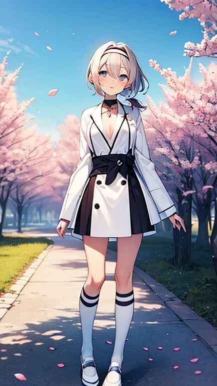 thin body, low ponytail, short hair, details eyes, small breasts, slim waist, slim thighs, headband, happy, White color coat, kneehighs, masterpiece, best quality, highres, ultra high res, anime, 1 girl, morning, natural lighting, looking at viewer, outdoor, full body, sky, blossom