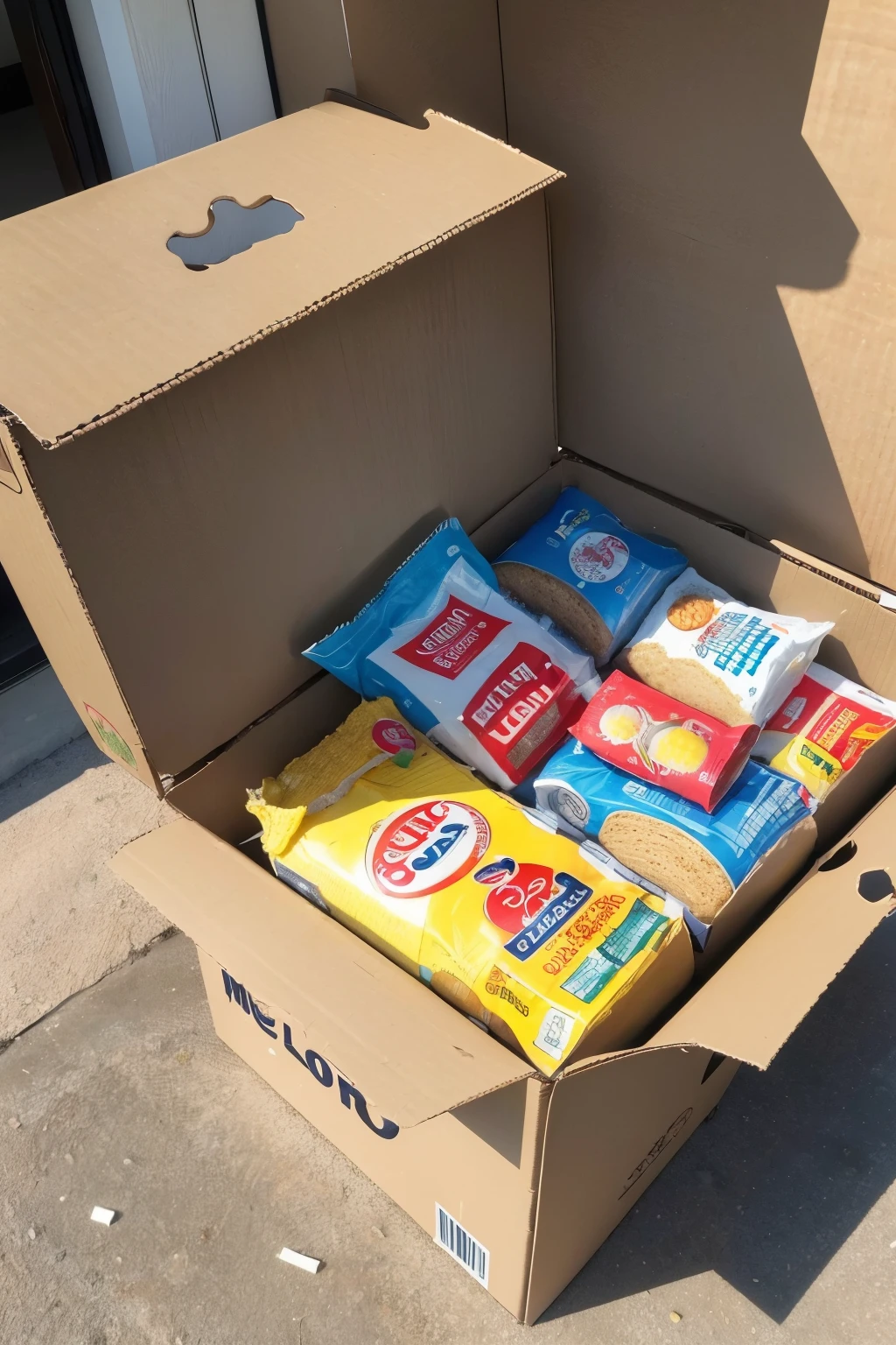 ((melhor qualidade)), ((Obra de arte)), (detalhado), open cardboard box, with food for donation, packets of rice and noodles, canned beans and corn, caixas de cereais, pacotes de biscoitos, cooking oil bottles, bags of flour and sugar, fundo neutro, clear and natural lighting.