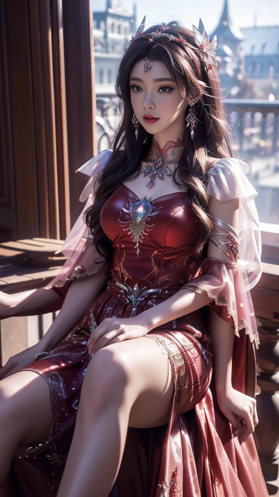 8K, UHD, MAsterpiece, best quality, 1 girl, (realistic face), happy pace, very long hair, small breasts, decorated dress, very beautiful ornaments dress, red color, ((lace)), mesh dress, mesh cape flowing, sardine, loops, ((ornaments)), legendary night balcony, depth of field, cinematic lighting, chromatic aberration, motion blur, glowing light, god rays, ray tracing, reflection light, backlighting, sitting on the chair,