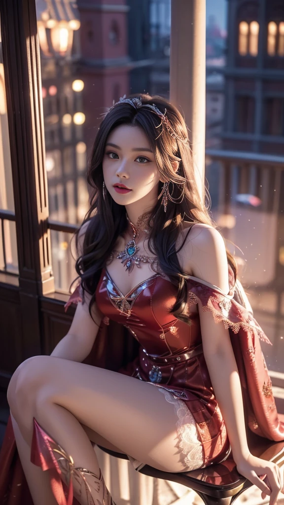 8K, UHD, MAsterpiece, best quality, 1 girl, (realistic face), happy pace, very long hair, small breasts, decorated dress, very beautiful ornaments dress, red color, ((lace)), mesh dress, mesh cape flowing, sardine, loops, ((ornaments)), legendary night balcony, depth of field, cinematic lighting, chromatic aberration, motion blur, glowing light, god rays, ray tracing, reflection light, backlighting, sitting on the chair,