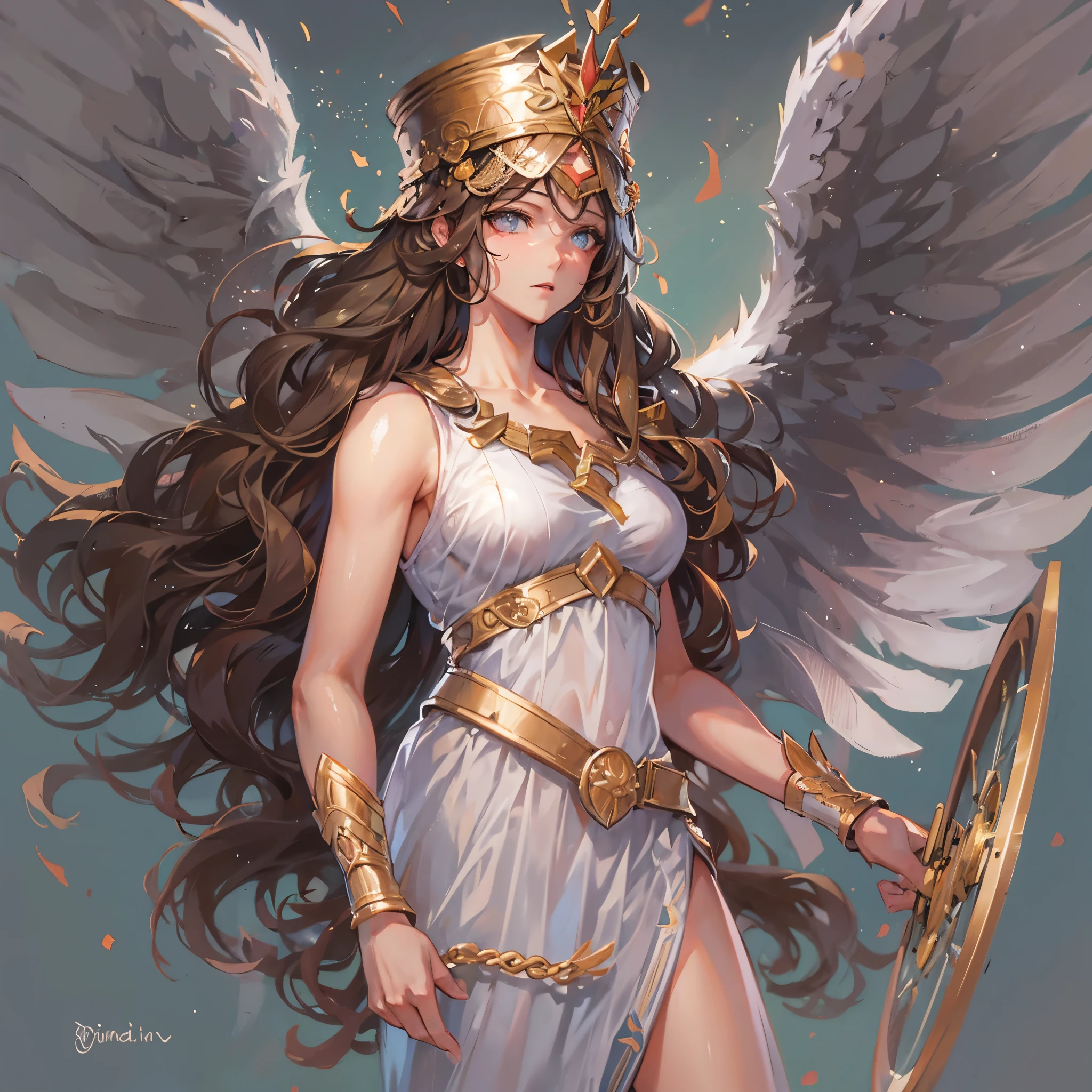 Greek Goddess Athena, long brown hair, gray eyes, nice ass.