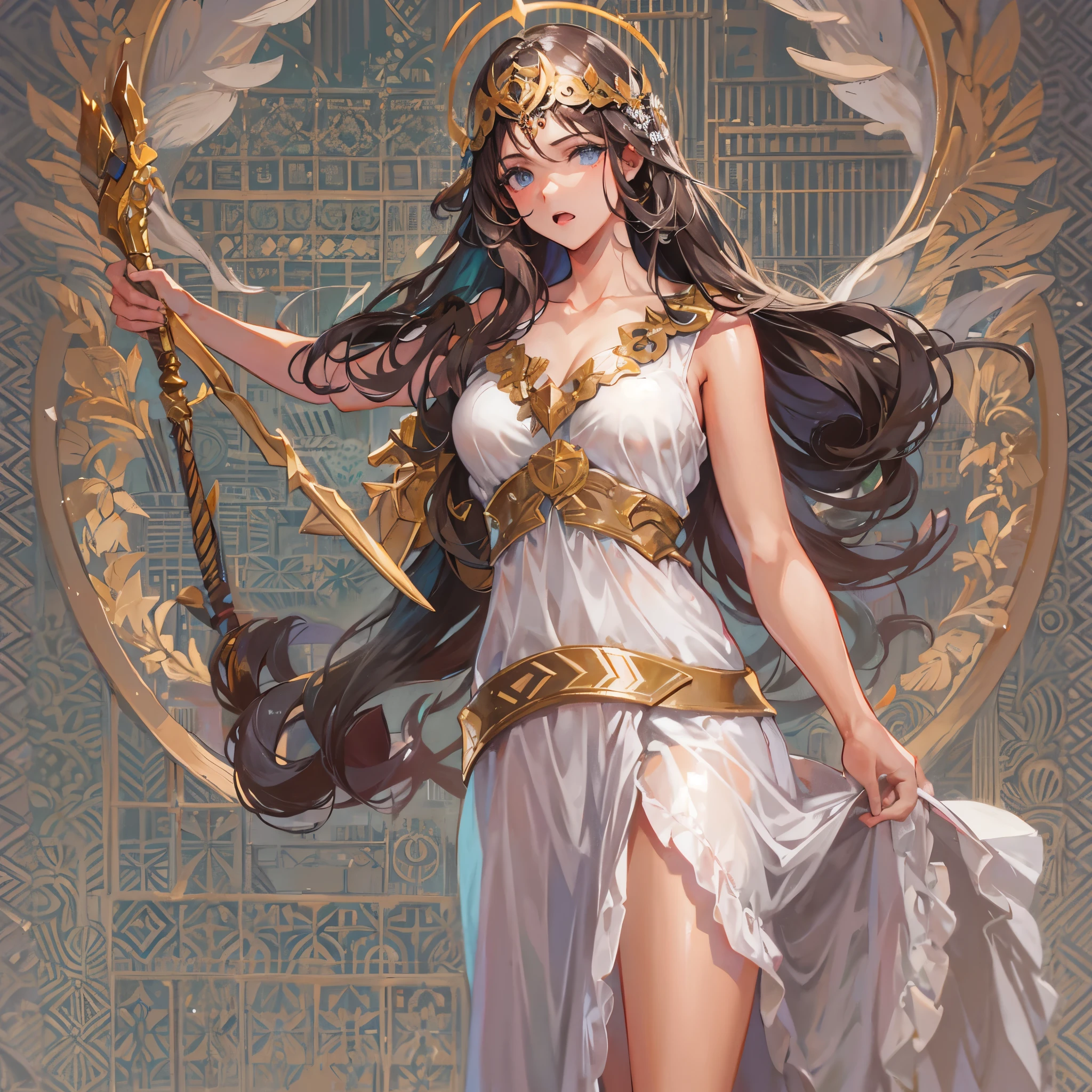 Greek Goddess Athena, long brown hair, gray eyes, nice ass. 