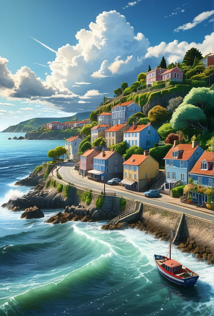 detailed coastal town, detailed buildings, detailed trees, detailed road, detailed sky, detailed clouds, detailed sea, detailed waves, detailed boats, detailed people, (best quality,4k,8k,highres,masterpiece:1.2),ultra-detailed,(realistic,photorealistic,photo-realistic:1.37),landscape,cinematic lighting,vibrant colors,dramatic shadows,serene atmosphere