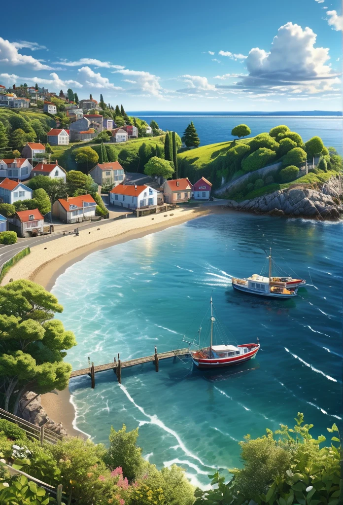 detailed coastal town, detailed buildings, detailed trees, detailed road, detailed sky, detailed clouds, detailed sea, detailed waves, detailed boats, detailed people, (best quality,4k,8k,highres,masterpiece:1.2),ultra-detailed,(realistic,photorealistic,photo-realistic:1.37),landscape,cinematic lighting,vibrant colors,dramatic shadows,serene atmosphere