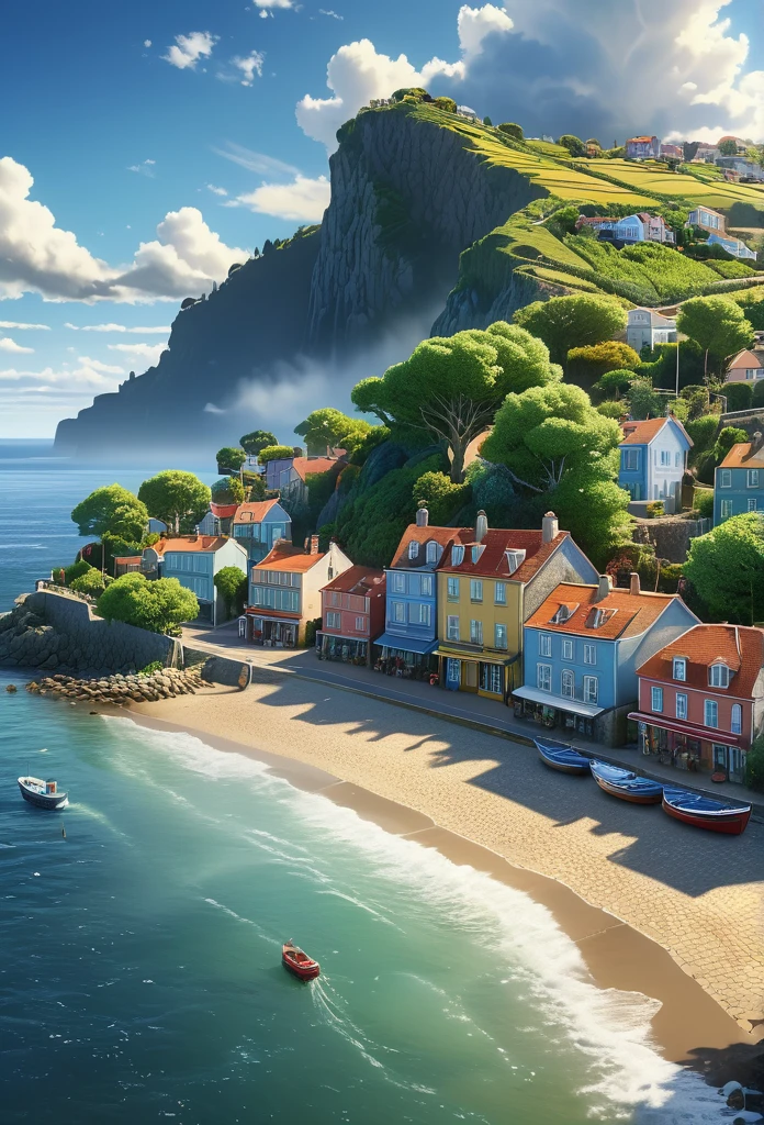 detailed coastal town, detailed buildings, detailed trees, detailed road, detailed sky, detailed clouds, detailed sea, detailed waves, detailed boats, detailed people, (best quality,4k,8k,highres,masterpiece:1.2),ultra-detailed,(realistic,photorealistic,photo-realistic:1.37),landscape,cinematic lighting,vibrant colors,dramatic shadows,serene atmosphere