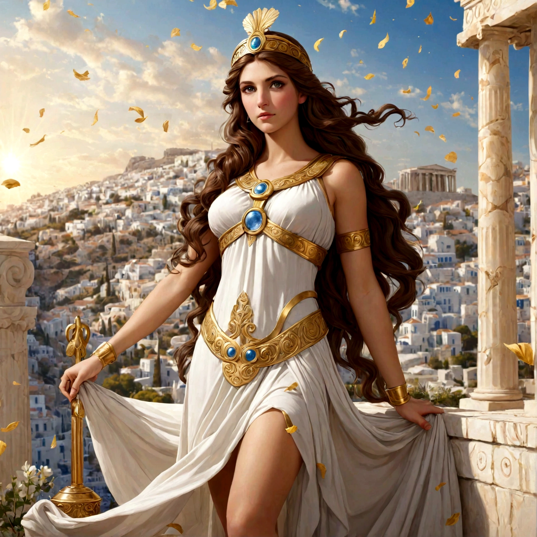 Greek Goddess Athena, long brown hair, gray eyes, nice ass.