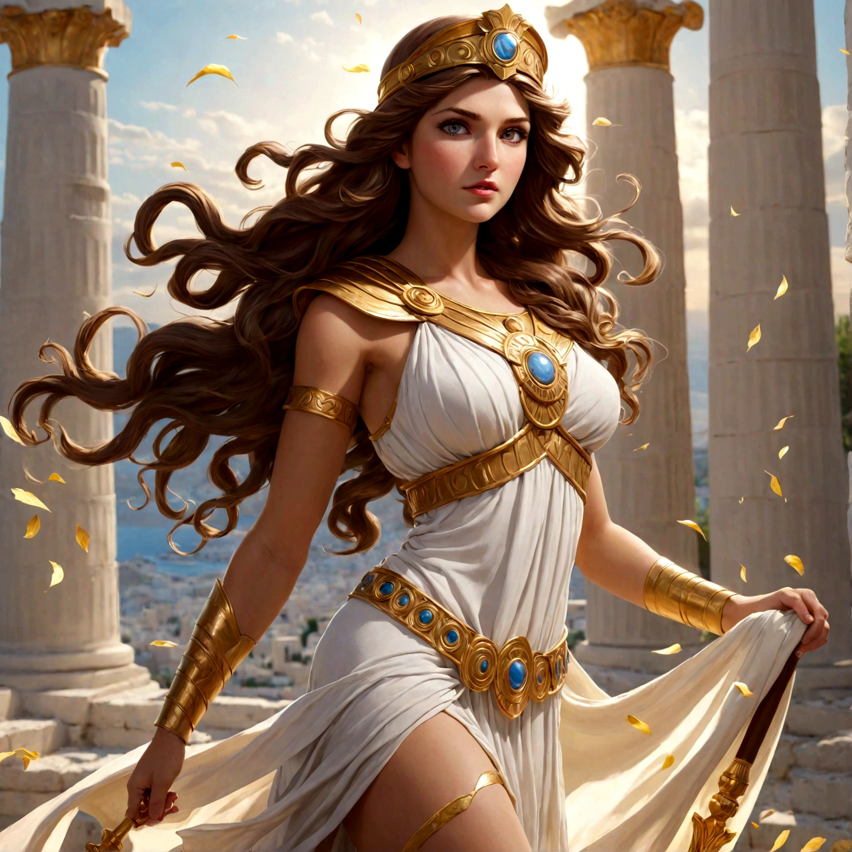 Greek Goddess Athena, long brown hair, gray eyes, nice ass.