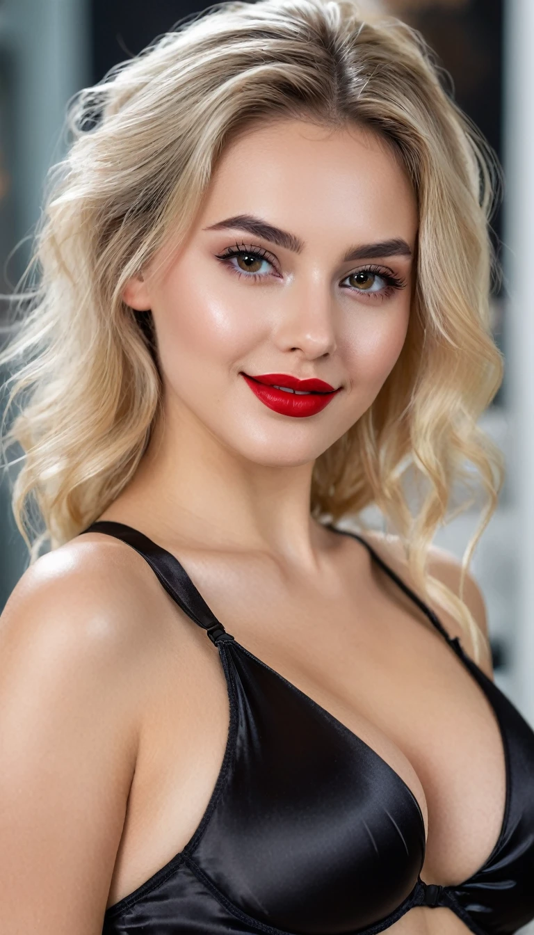 hyperrealistic beautiful busty 19-year-old woman with long legs wearing shiny black satin underwear, model shooting full body photography, bleached blonde very long straight updo hair, soaky wet skin, dark eye makeup with eyeliner, seductive smile, red lips, 8K, Best quality, Meisterwerk, ultra high resolution, (Realismus: 1.4), Originalfoto, (realistische Hautstruktur: 1.3), (Filmkorn: 1.3), (Selfie-Winkel), 1 girl, Beautiful round hazel eyes and facial details, Meisterwerk, Best quality, indoor photography, nsfw
