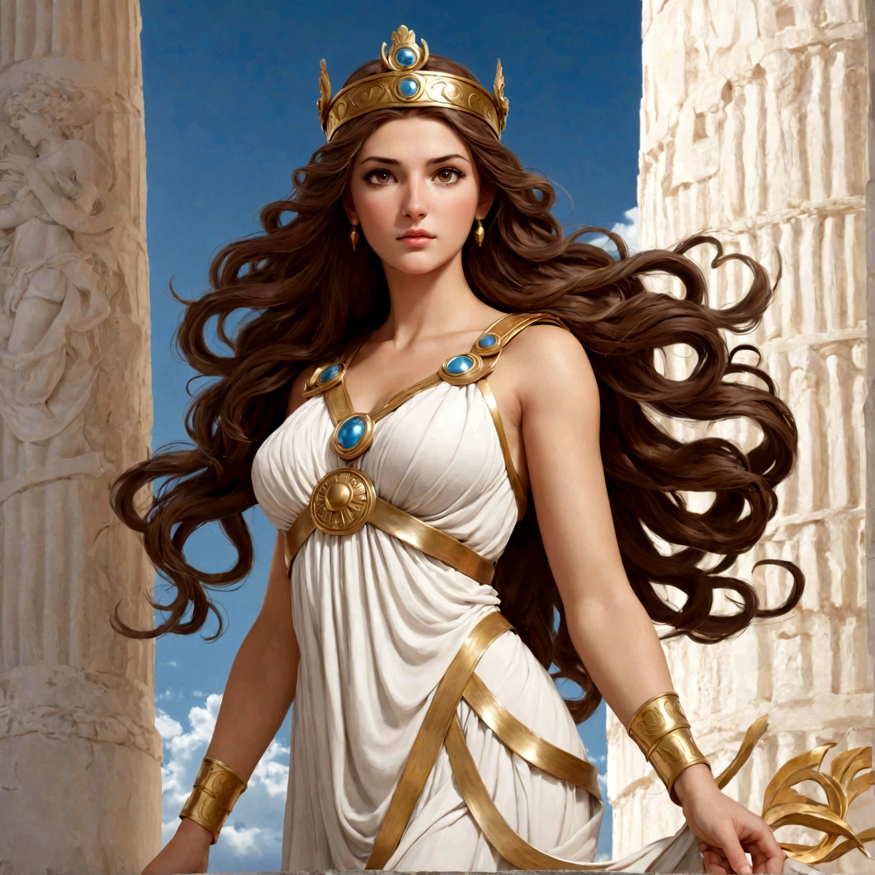 Greek Goddess Athena, long brown hair, gray eyes, nice ass. 