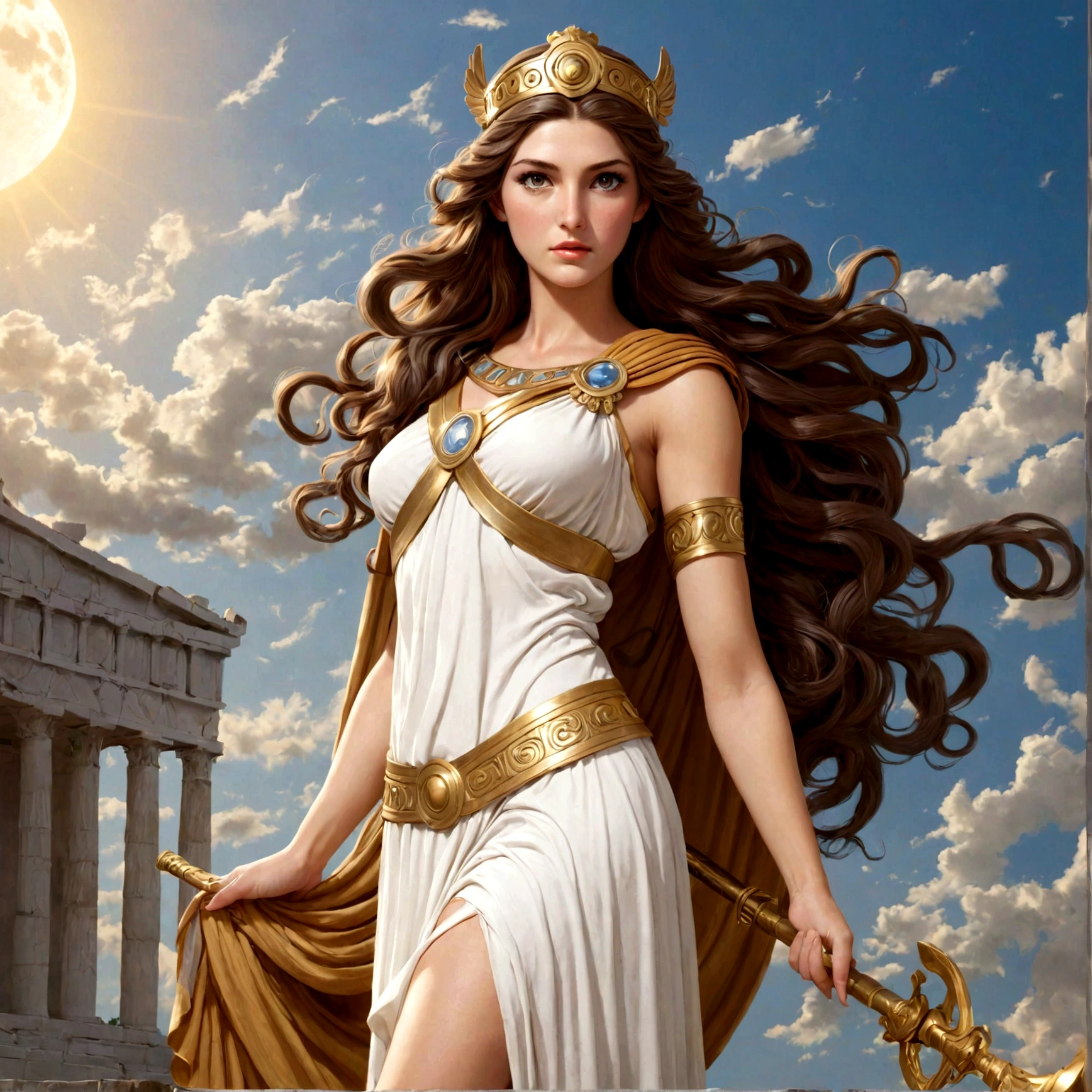 Greek Goddess Athena, long brown hair, gray eyes, nice ass.