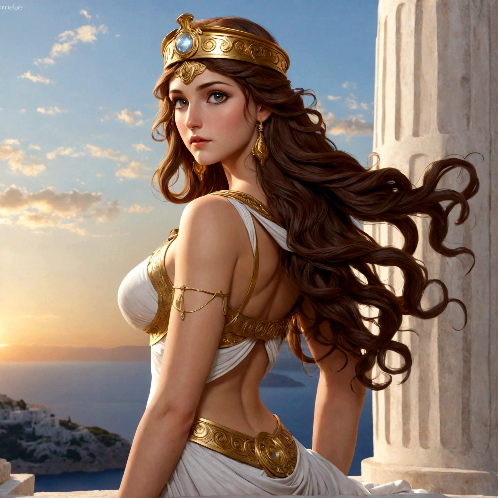 Greek Goddess Athena, long brown hair, gray eyes, nice ass.