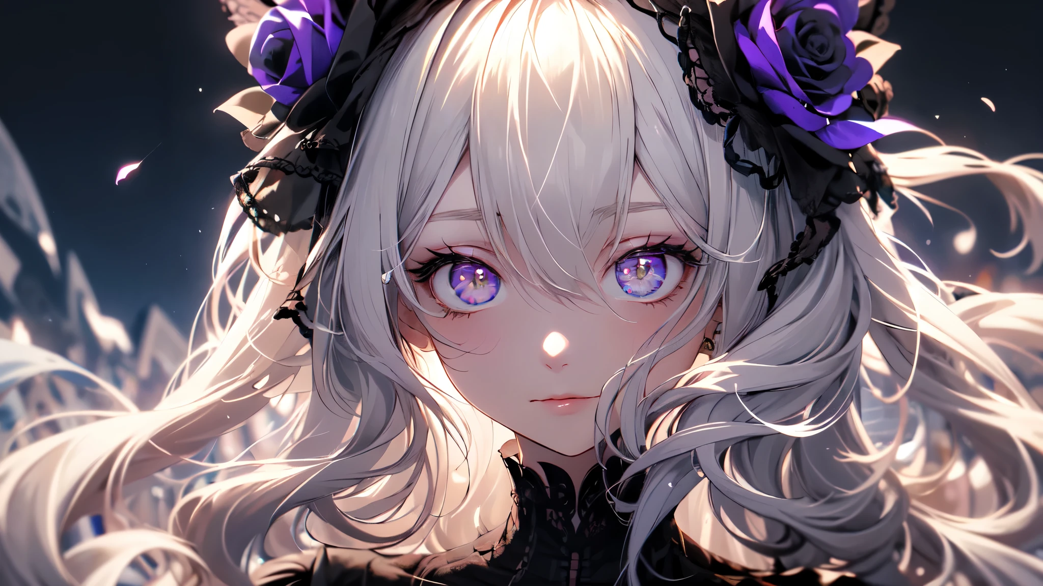 The work of a hyperrealist artist, Her details are lovingly painted,1 female, mature beautiful woman,alone, Long wavy gray hair, gray hair, bangs,fluffy hair,white cat ears,Odd-eyed purple and pink eyes, long eyelashes, thick eyelashes, closed mouth,Gothic Lolita fashion based on noble black、gothic dress,gorgeous dress, (long sleeve:1.2),Delicate lace and ribbon、elegant decoration、A black bonnet and a purple rose on my head,whole body,particles of light, soft lighting, volume lighting, intricate details, finely, dramatic, cinematic, highest quality, masterpiece, looking at the viewer, The background is a purple bright wallpaper with a moon, Abundant light,rays of moonlight,from behind,
