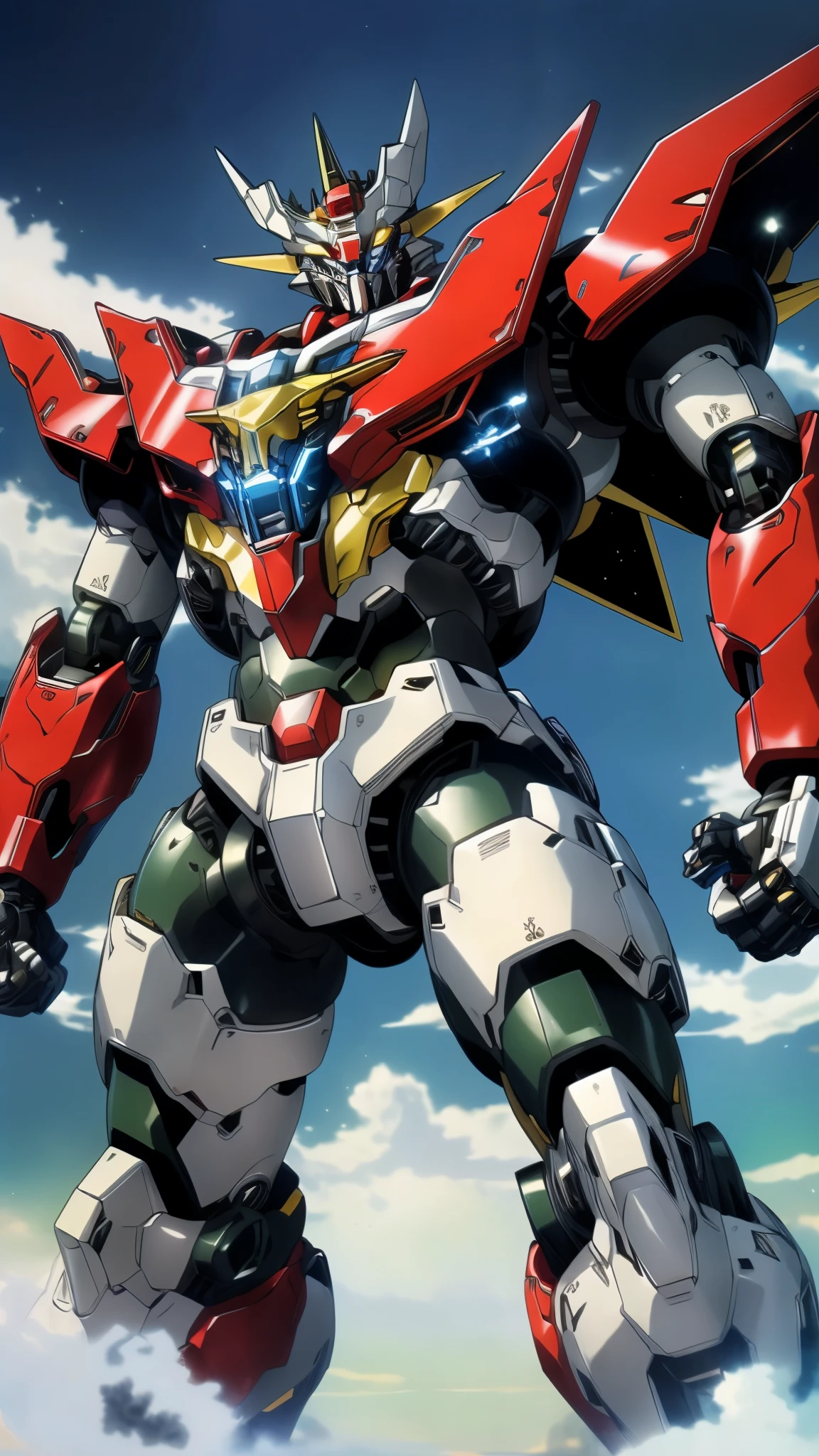 Humanoid Mecha, fully enclosed shoulder guards, matching arm and leg guards, full body, full armor, the design balances heavy with agility, (the color scheme is primarily white with red and blue accents, the concept Inspired by Mazinger Z, organic biotech armor, standing, floating high above the futuristic sci-fi city), exquisite and mature art style, (aura effect, energy, glowing eyes, the armor glows), Super robot, ((SRS)), metallic, dynamic, dramatic, high definition, best quality, highres, ultra-detailed, ultra-fine painting, extremely delicate, professional, perfect body proportions, anatomically correct, symmetrical face, extremely detailed eyes and face, high quality eyes, creativity, RAW photo, UHD, 32k, Natural light, cinematic lighting, masterpiece-anatomy-perfect, masterpiece:1.5