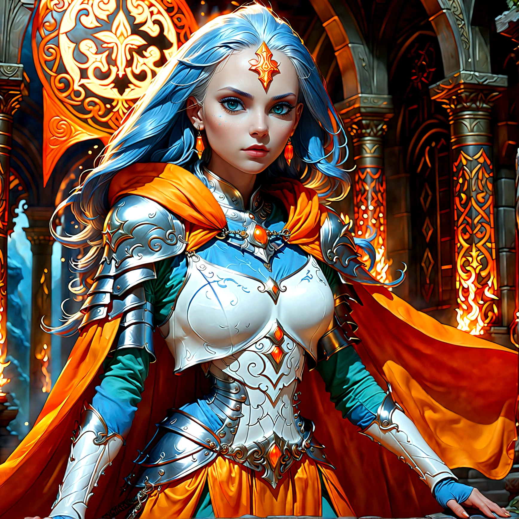fantasy art, dnd art, RPG art, wide shot, (masterpiece: 1.4) a (portrait: 1.3) intense details, highly detailed, photorealistic, best quality, highres, portrait a female (fantasy art, Masterpiece, best quality: 1.3) ((blue skin: 1.5)), intense details facial details, exquisite beauty, (fantasy art, Masterpiece, best quality) cleric, (blue skinned: 1.3) female, white hair, long hair, (no ears: 1.5), (green eyes: 1.3), armed with a fiery sword red fire, wearing heavy (white armor: 1.3), wearing high heeled laced boots, wearing an (orange cloak:1.3), wearing glowing holy symbol GlowingRunes_yellow, within fantasy temple background, reflection light, high details, best quality, 16k, [ultra detailed], masterpiece, best quality, (extremely detailed), close up, ultra wide shot, photorealistic, RAW, fantasy art, dnd art, fantasy art, realistic art,((best quality)), ((masterpiece)), (detailed), perfect face, Cinematic Hollywood Film style