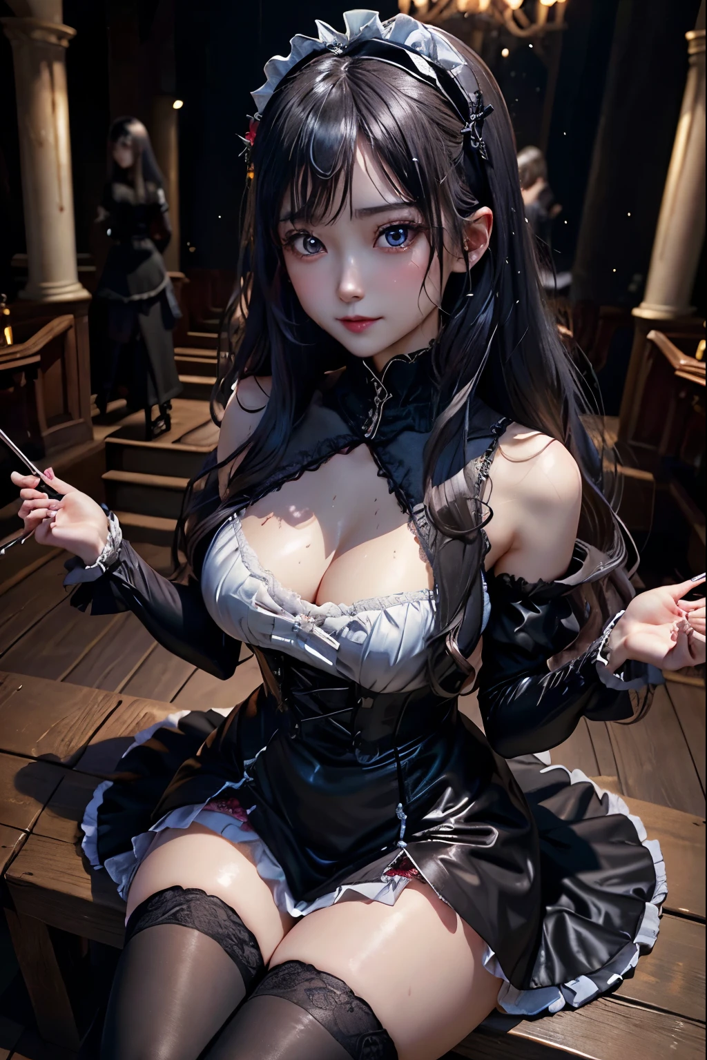 ハードDark Gothicメイク、Deep Night Sky、Horror、Black dark eyeshadow、sad、Good skin radiance、Dark Gothicメイク、Dark smile、palace、24-years-old、Embarrassed look、Dark Gothic、Obscene language、highest quality、Drunk face、紫のMaid clothes、Mysterious、Noble、sexy、Loving smile、Right blue eye, Left eye is red、Platform Heel Shoes、Heavy makeup、Gothic ta Clothing、Silver Hair、Long Hair Straight Hair、Cute Gothic Loliress、Beautiful Face、elegant features、Fascinating face、Stained glassが背景、Chest glistening with sweat、The room is dark、gothic long dress、Bell Sleeves、Wizard Sleeve、Decadent look、Sexually excited expression、Glossy thighs wet with water、Thighs that are wet and shiny with oil、Background of a room full of roses、The embroidery is pink、The dress has pink embroidery、Thigh-high socks、Knee-high socks、Gentle expression、Dark black eyeshadow、Stained glassと薔薇背景、Female Duo、Female couple、dark church background、Stained glass、Black metal world、Dark Castle、Slender body、gothic long dress、Maid clothes、Victorian dresses、Her thighs glisten with sweat、My body is wet and shiny、Lots of glitter on the thighs、My thighs are sticky from sweating、Sweat glistens on the thighs, The whole body is sweaty and shiny、Quite sweaty、My thighs are sweaty、My thighs are so wet、My thighs are shining with sweat、A lot of sweat glistens all over the body、Small breasts、Orchestra StageStage、Dynamic Angle、sitting on a gothic chair、Play the violin gracefully、With a violin、Press the violin strings、violinist、orchestra performance、Thin thighs、slender、Violin body and strings、Sit on a chair、pantyhose、Hime cut straight hair、