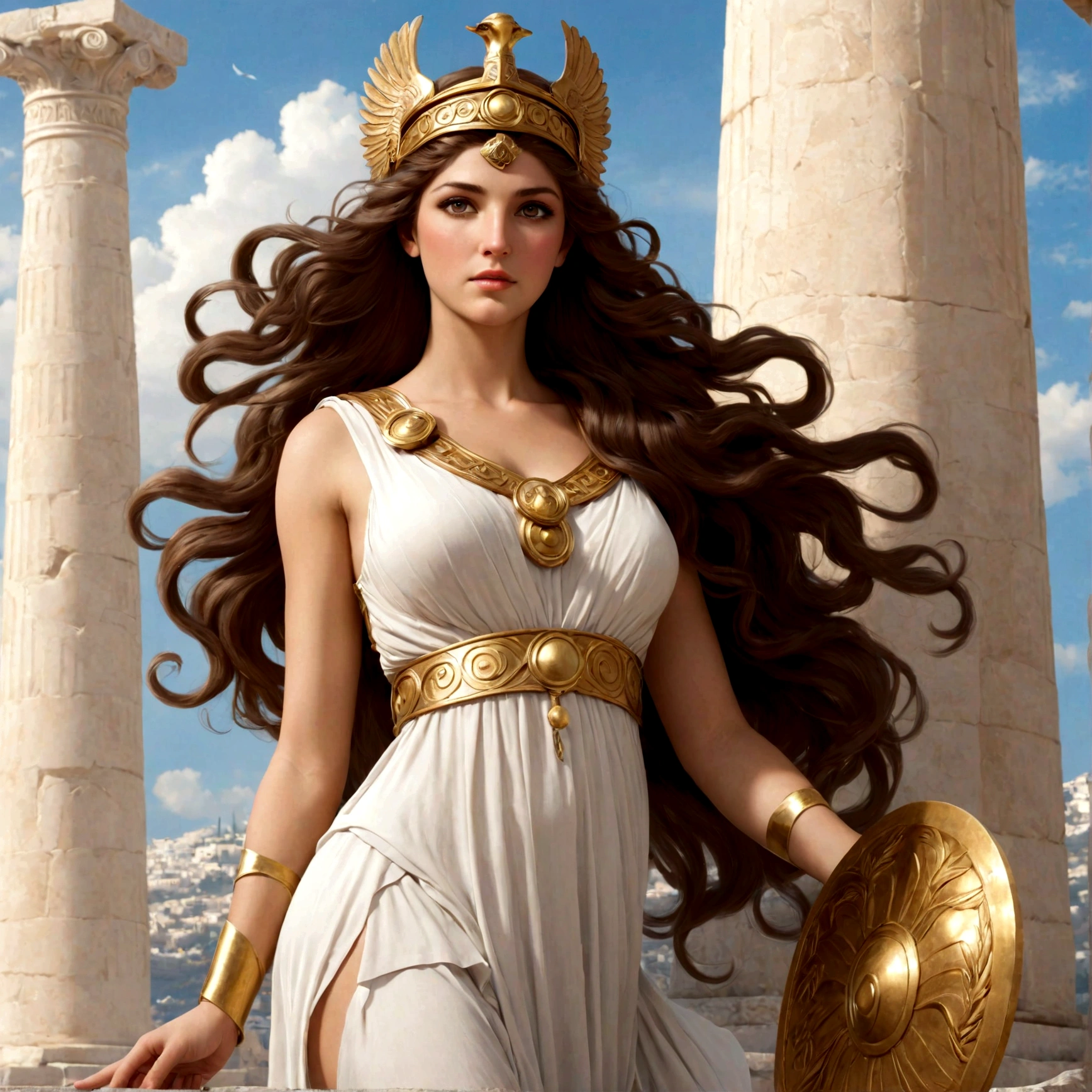 Greek Goddess Athena, long brown hair, gray eyes, nice ass.