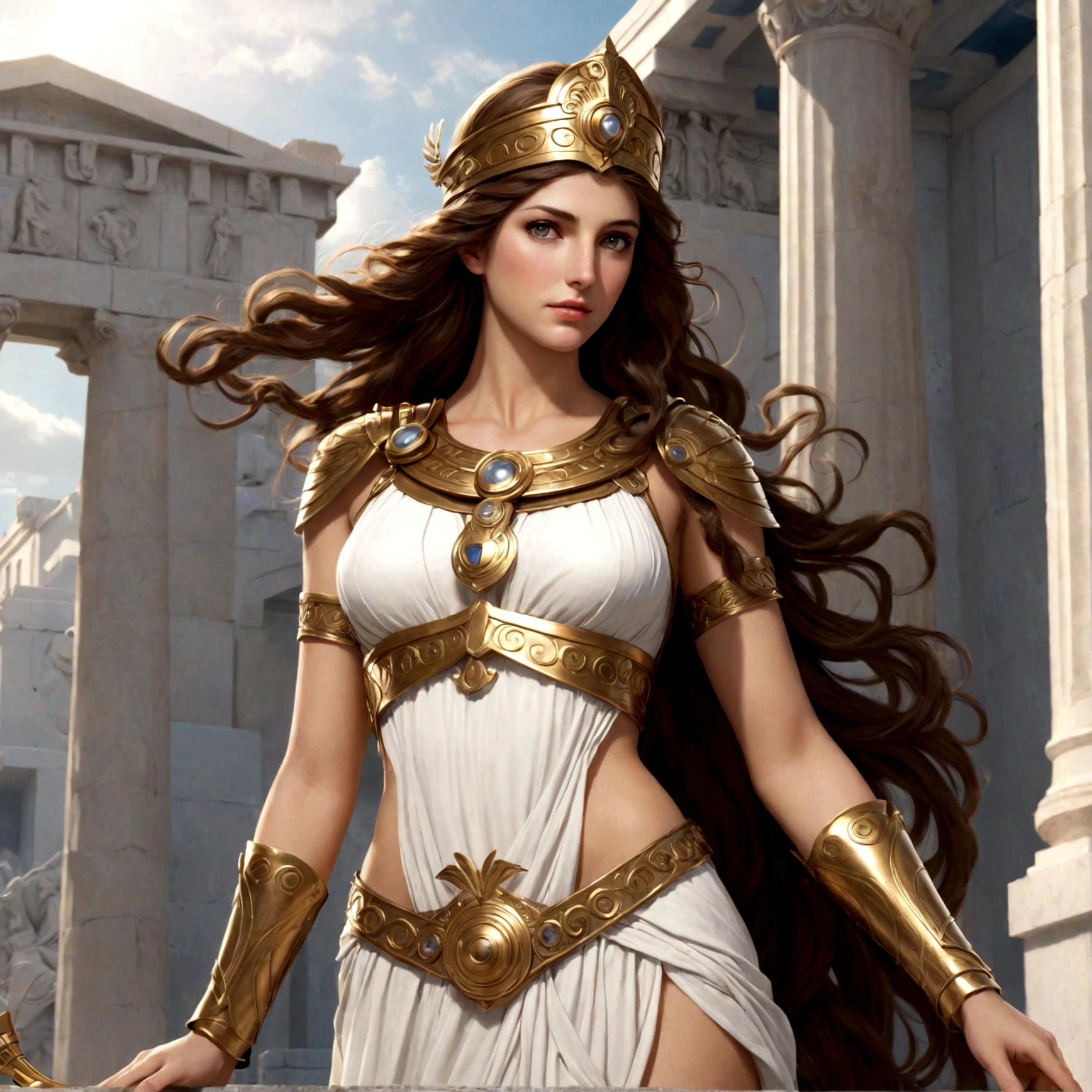 Greek Goddess Athena, long brown hair, gray eyes, nice ass.