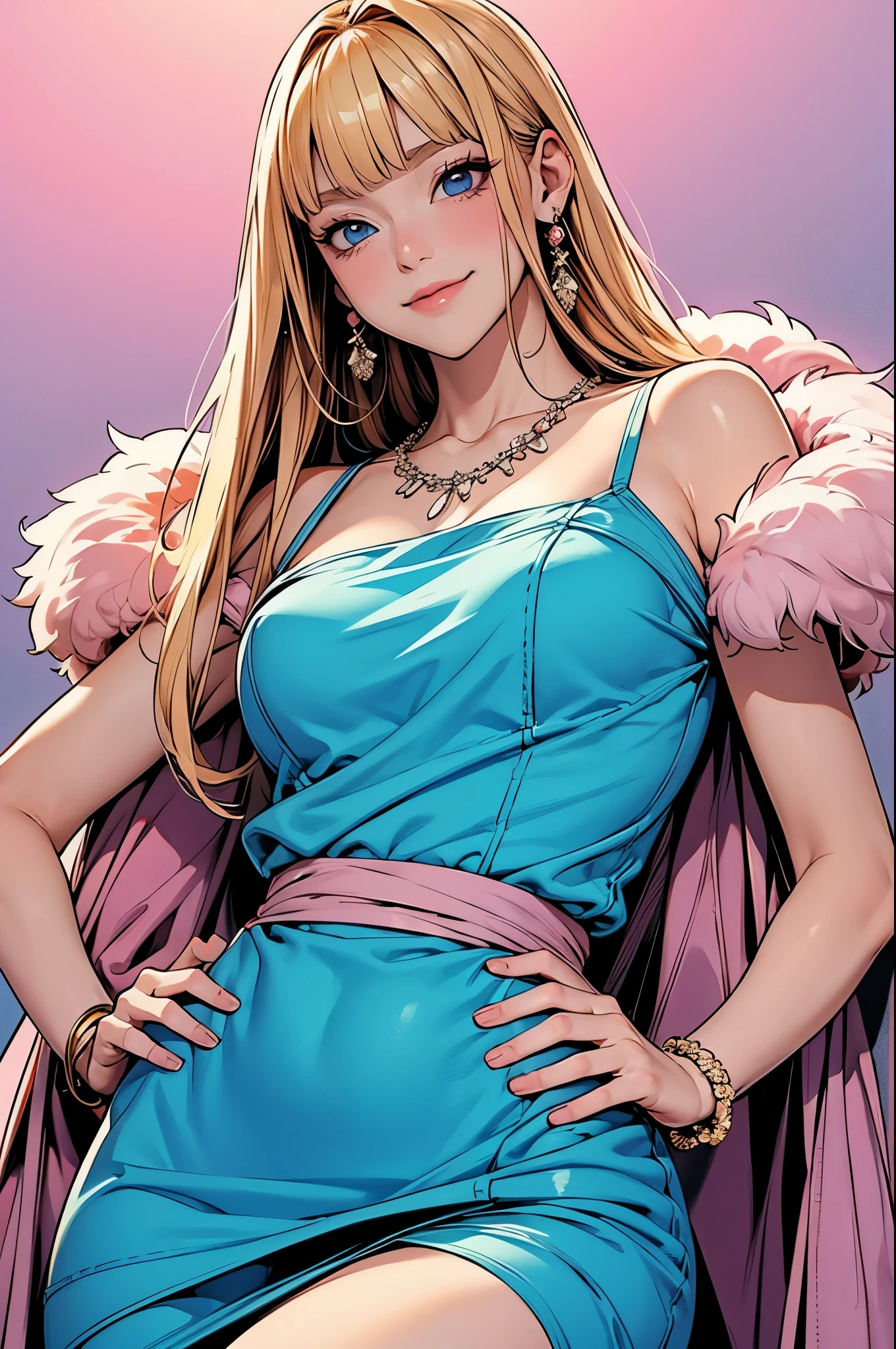 perfect eyes:1.2, detailed eyes:1.4, studio, sophie, blonde hair, long hair, fringe, blunt bangs, pink feather boa, hand on hip, smirk, blue eyes, mini dress, pelvic curtain, pink dress, jewelry, bracelet, necklace, beautiful body, medium full shot, thigh-level shot, 1girl,(masterpiece:1.6, best quality),
