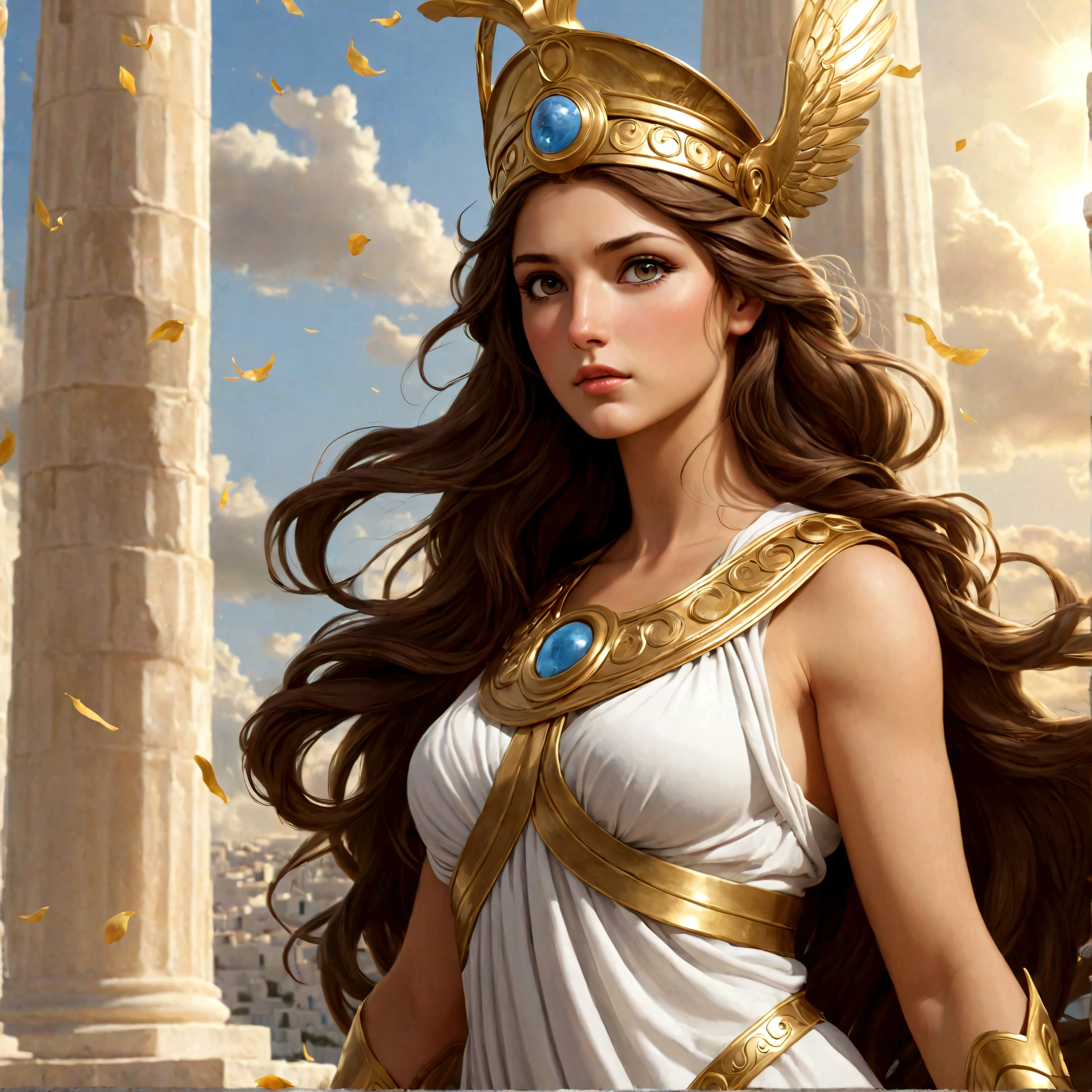Greek Goddess Athena, long brown hair, gray eyes, nice ass.