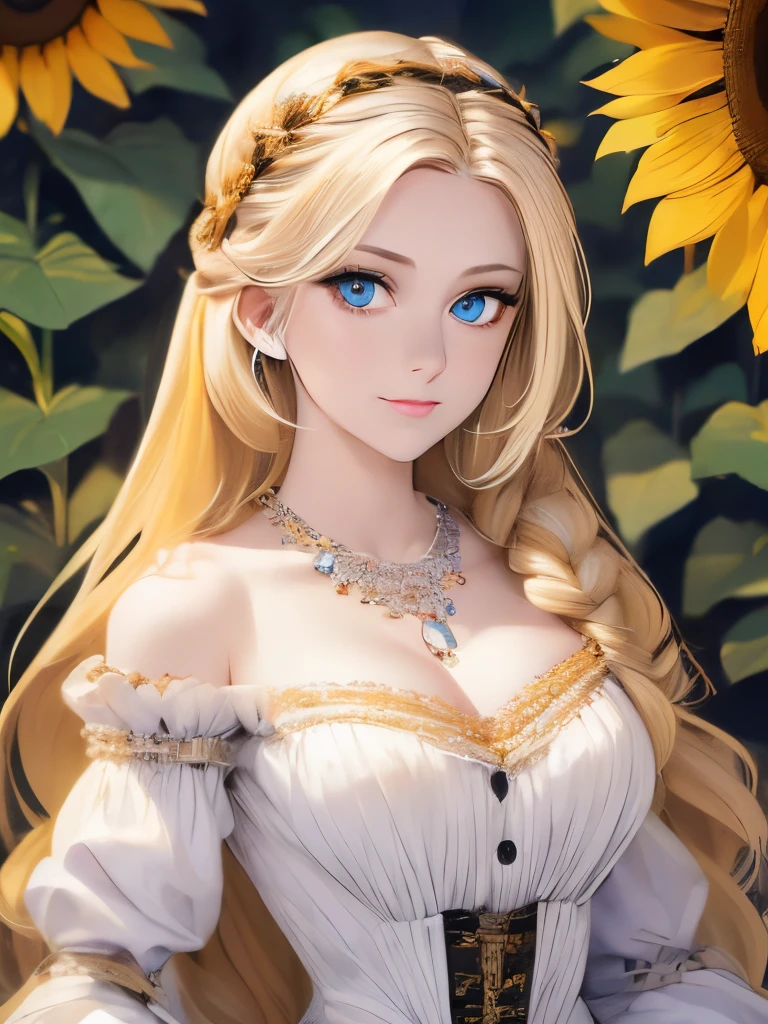 ( Absurdly , High quality , ultra detailed ) ,( hand detailed ) , 1girl, solo, mature, very long hair, sunflower hair , beautiful crystal eyes ( eye detailed ) Baroque, Necklace, long dress, long sleeve, elegant, colorful, highest detailed, upper body , with the river and sunflowers