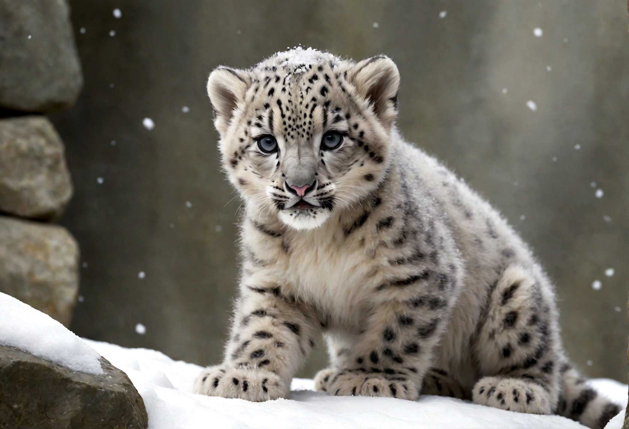 snow leopard cub playing, fullbody, perspective,  snow leopard