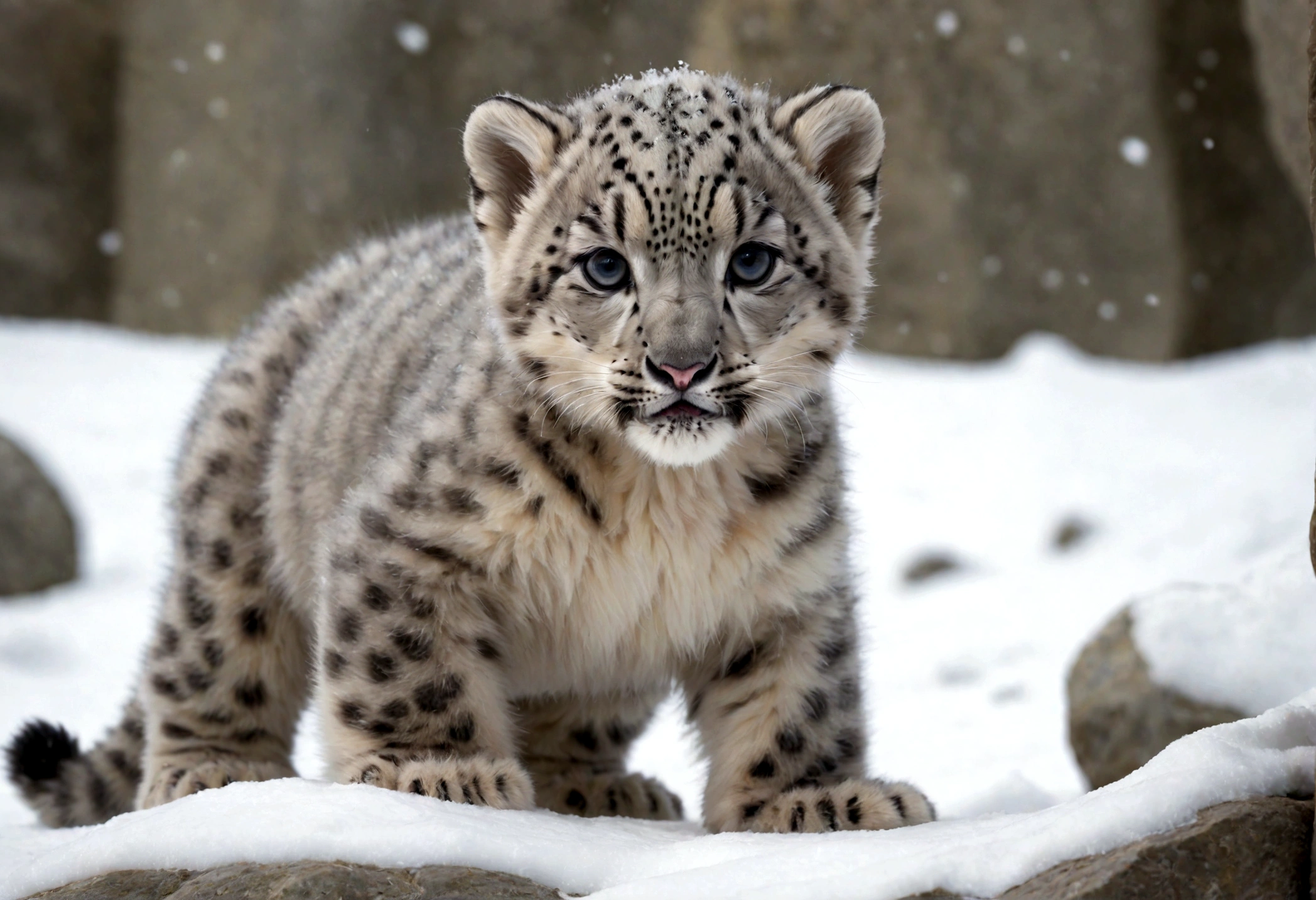 snow leopard cub playing, fullbody, perspective, baby snow leopard