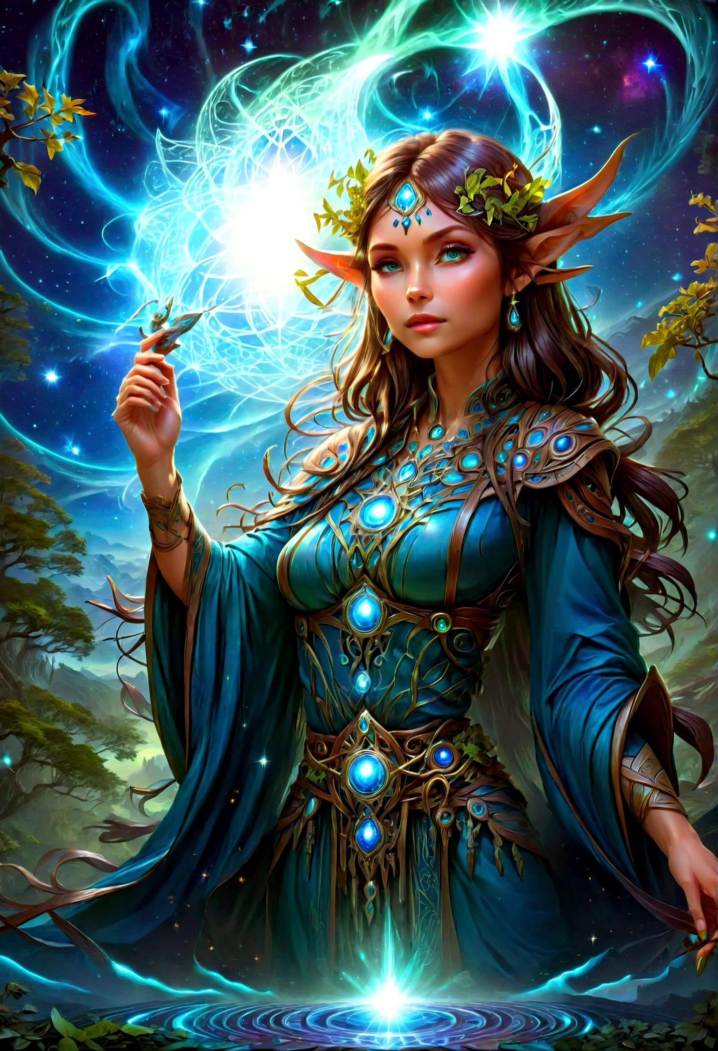 high details, best quality, 16k, [ultra detailed], masterpiece, (extremely detailed), dynamic angle, photorealistic, ((fantasy art)), d&d art, rpg art, realistic art, ((female human: 1.4)) druid of the stars, guardian of nature, controlling magical energy made of stars, swirling blue stary magical light, divine symbols, DruidMagicAI (intricate details, Masterpiece, best quality: 1.5), human female, extremally beautiful, ultra feminine, dynamic hair, dynamic hair color, wearing leather armorת holding a staff, moon light, stars, dynamic natural background, RPG art, magical atmosphere magic-fantasy-forest, ultra best realistic, best details, 16k, [ultra detailed], masterpiece, best quality, (extremely detailed), photorealism, depth of field, hyper realistic painting, Cinematic Hollywood Film style