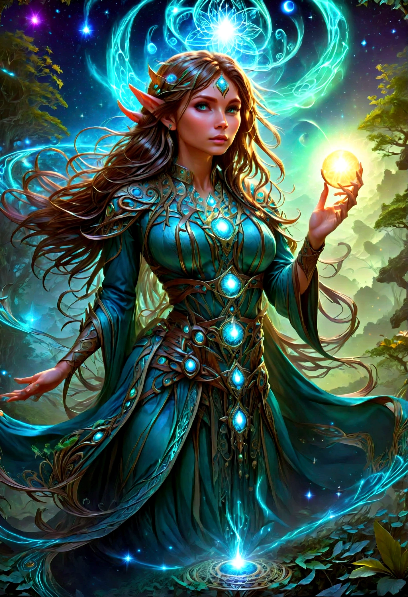 high details, best quality, 16k, [ultra detailed], masterpiece, (extremely detailed), dynamic angle, photorealistic, ((fantasy art)), d&d art, rpg art, realistic art, ((female human: 1.4)) druid of the stars, guardian of nature, controlling magical energy made of stars, swirling blue stary magical light, divine symbols, DruidMagicAI (intricate details, Masterpiece, best quality: 1.5), human female, extremally beautiful, ultra feminine, dynamic hair, dynamic hair color, wearing leather armorת holding a staff, moon light, stars, dynamic natural background, RPG art, magical atmosphere magic-fantasy-forest, ultra best realistic, best details, 16k, [ultra detailed], masterpiece, best quality, (extremely detailed), photorealism, depth of field, hyper realistic painting, Cinematic Hollywood Film style