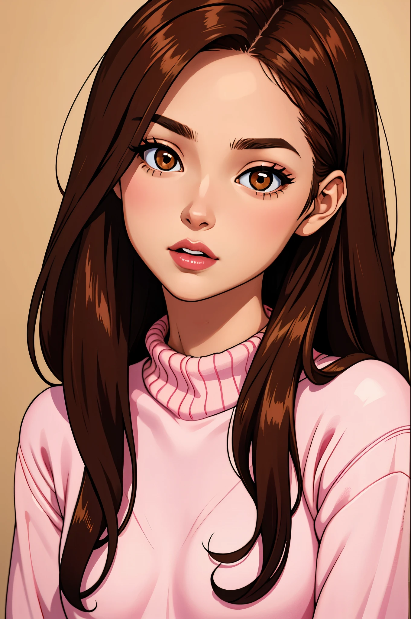 Girl, long straight brown hair, light brown eyes, sharp features, white skin, bright pink lips, sweater