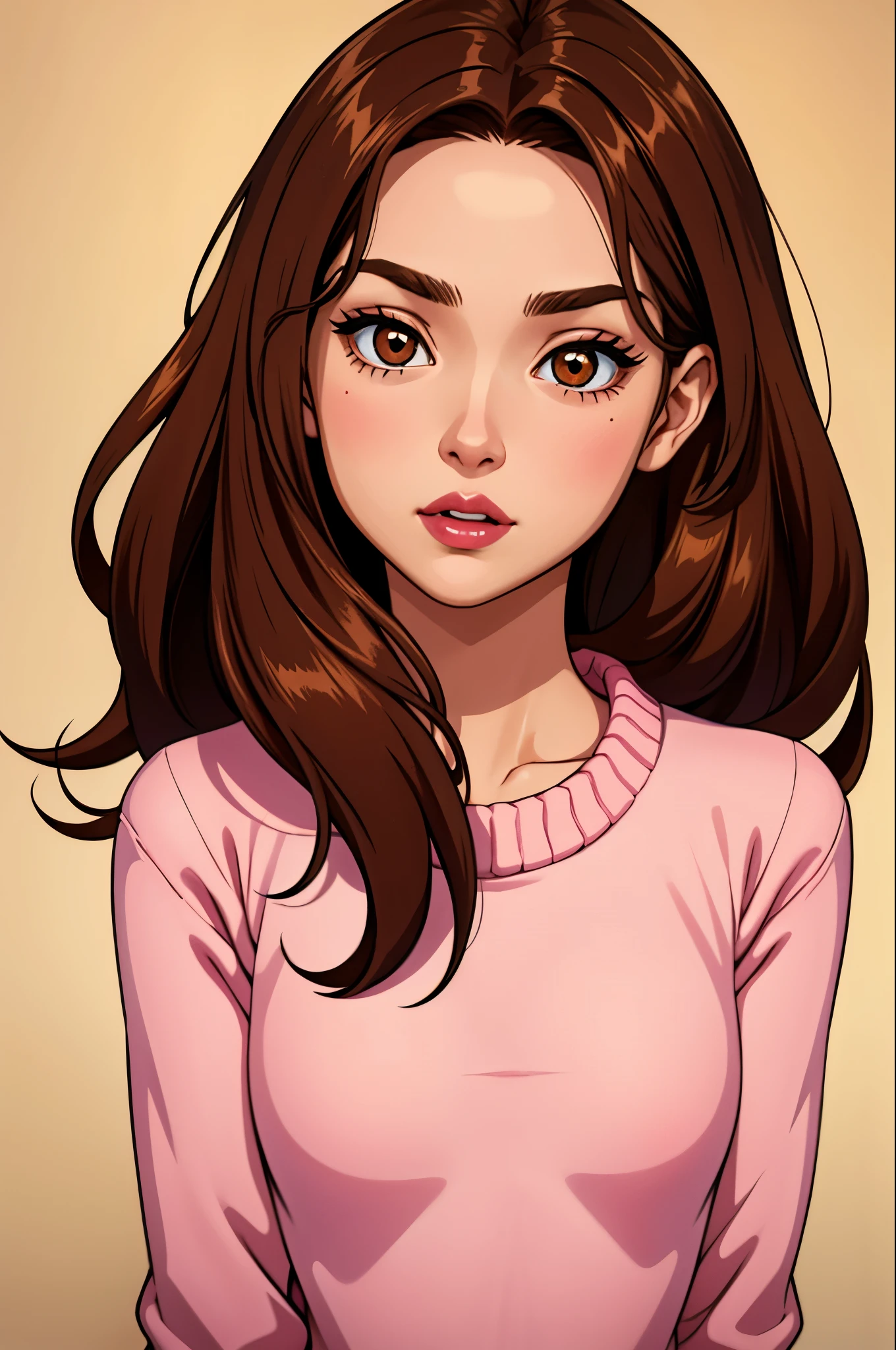 Girl, long straight brown hair, light brown eyes, sharp features, white skin, bright pink lips, sweater