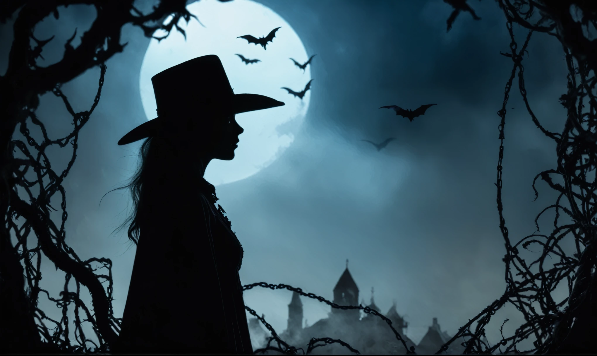 (((creature with a spectral and ghostly appearance)). Her skin is pale, almost translucent. His eyes shine with a bluish glow, he wears dark, torn clothes that float around him, as if permeated by an aura of mourning. Its appearance is complemented by details such as chains, symbols of mourning and gothic elements, further emphasizing its dark air. is portrayed as a haunted and tormented entity,{creature},(Silhouette Art,cutouts:1.6) (((Paper cutting art,A world where only black exists:1.3) (Cowboy Shot),1 girl,Solo, (,profile:1.2),ruined and devastated city、covered with plants break (Greyness) Textured glass background,Tarot card atmosphere,once pretty face,intricate details,realistic humid skin,extremely intricate details,anatomically correct, eyes extremely detailed, high detailed eyes,High contrast,Ultra HD,Retina,HDR,photo,Masterpiece, natural skin textures, hyper realism,hyper detailed,Realism,Ultra Detailed,irina yermolova, close full body shot,16K resolution,RAW, Nikon Z9,full body length