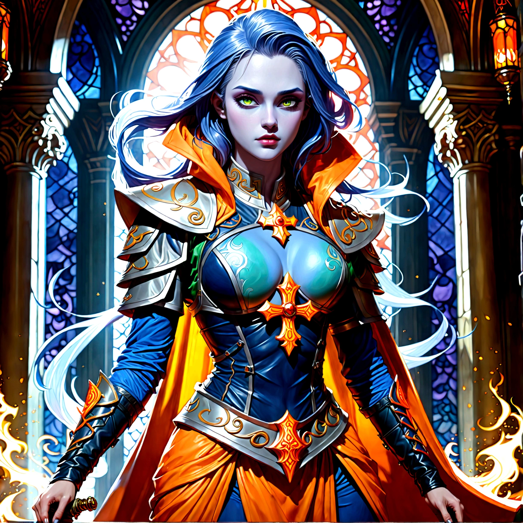 fantasy art, dnd art, RPG art, wide shot, (masterpiece: 1.4) a (portrait: 1.3) intense details, highly detailed, photorealistic, best quality, highres, portrait a female (fantasy art, Masterpiece, best quality: 1.3) ((blue skin: 1.5)), intense details facial details, exquisite beauty, (fantasy art, Masterpiece, best quality) cleric, (blue skinned: 1.3) female, white hair, long hair, (((no ears: 1.5))), (green eyes: 1.3), armed with a fiery sword red fire, wearing (twilight priestly combat vestments: 1.5), wearing high heeled laced boots, wearing an (orange cloak:1.3), wearing glowing holy symbol GlowingRunes_yellow, within fantasy temple background, reflection light, high details, best quality, 16k, [ultra detailed], masterpiece, best quality, (extremely detailed), close up, ultra wide shot, photorealistic, RAW, fantasy art, dnd art, fantasy art, realistic art,((best quality)), ((masterpiece)), (detailed), perfect face, Cinematic Hollywood Film style