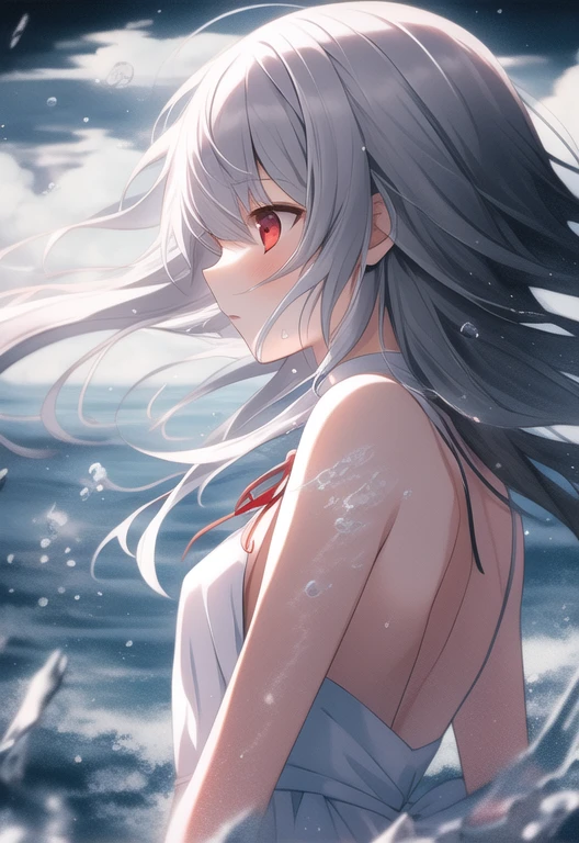 Gorgeous light and shadow,Backlight,1 Girl, Blunt side bangs,Hair between the eyes,Red Eyes,Delicate face, ribbon,White Dress, (Small Breasts), ((breeze)), Splashing splashes,Wind,Flowing long hair,(shattered glass),Gray hair,Flying water,hair covering your body,Flying red ribbon, (Ink painting style), [:(Slender arms and hands):0.8]