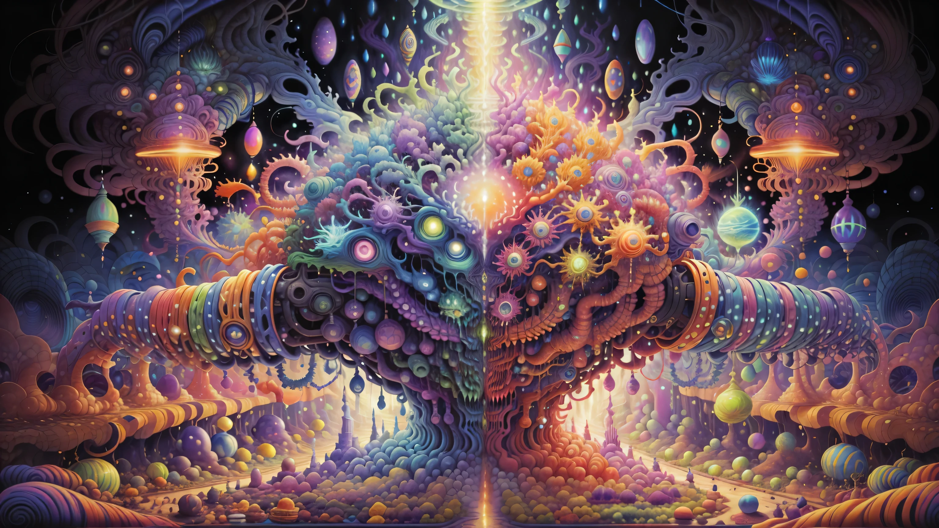 16k, Digital art , Digital illustration like oil painting , high quality, beautiful_terrorific, visionary art, Surrealistic hyper resolution, chromatic, , psychedelic trip into DMT-5 effects, entropy , in the unified theory, spiritual human map and different form of connection without other multiples spiritual and organic intelligent creatures , Everything is one, everything is connected, reality is a type of energy network similar to grandmother's cross-stitch fabric, plasmatic-organic-energetic and spiritual, All the visual ecstasy is increased by of a little drops to acid lisergic 25 effects, The creative energy watches us, psycodelic cosmically horror, artistic inspired in Alex Gray & Hr Giger,