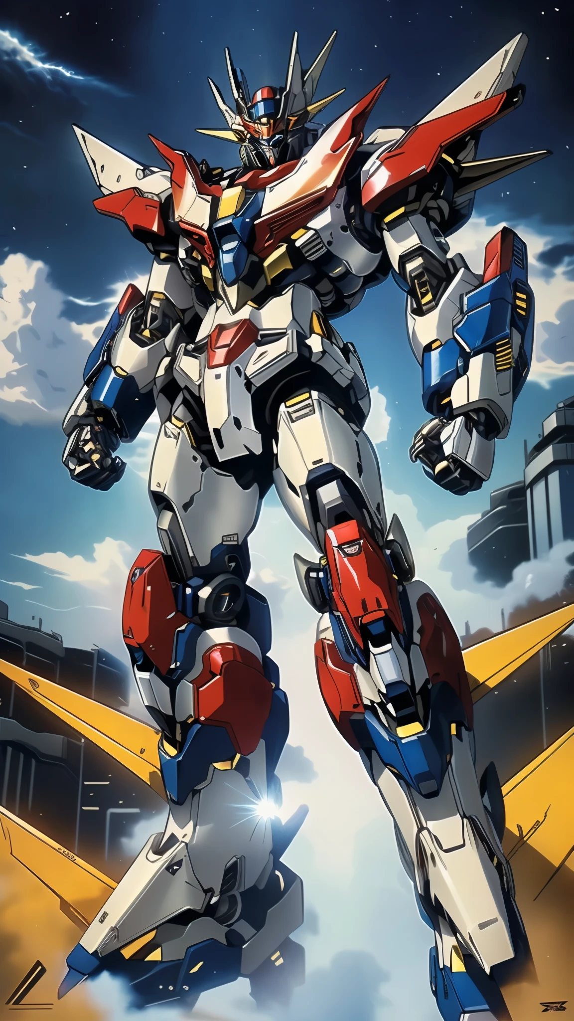 Humanoid Mecha, fully enclosed shoulder guards, matching arm and leg guards, full body, full armor, the design balances heavy with agility, (the color scheme is primarily white with red and blue accents, the concept Inspired by Mazinger Z, organic biotech armor, standing, floating high above the futuristic sci-fi city), exquisite and mature art style, (aura effect, energy, glowing eyes, the armor glows), Super robot, ((SRS)), metallic, dynamic, dramatic, high definition, best quality, highres, ultra-detailed, ultra-fine painting, extremely delicate, professional, perfect body proportions, anatomically correct, symmetrical face, extremely detailed eyes and face, high quality eyes, creativity, RAW photo, UHD, 32k, Natural light, cinematic lighting, masterpiece-anatomy-perfect, masterpiece:1.5