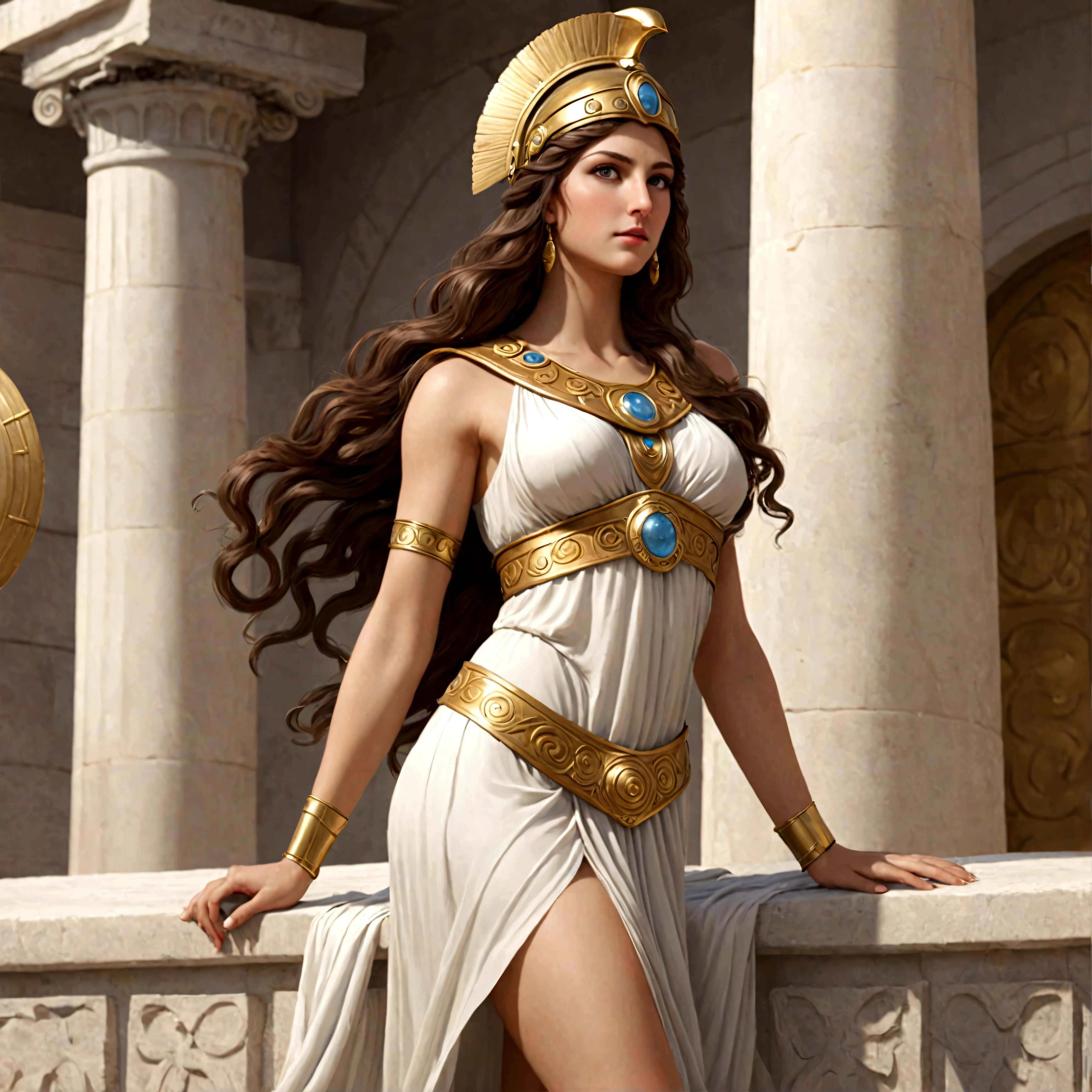 Greek Goddess Athena, long brown hair, gray eyes, nice ass. 