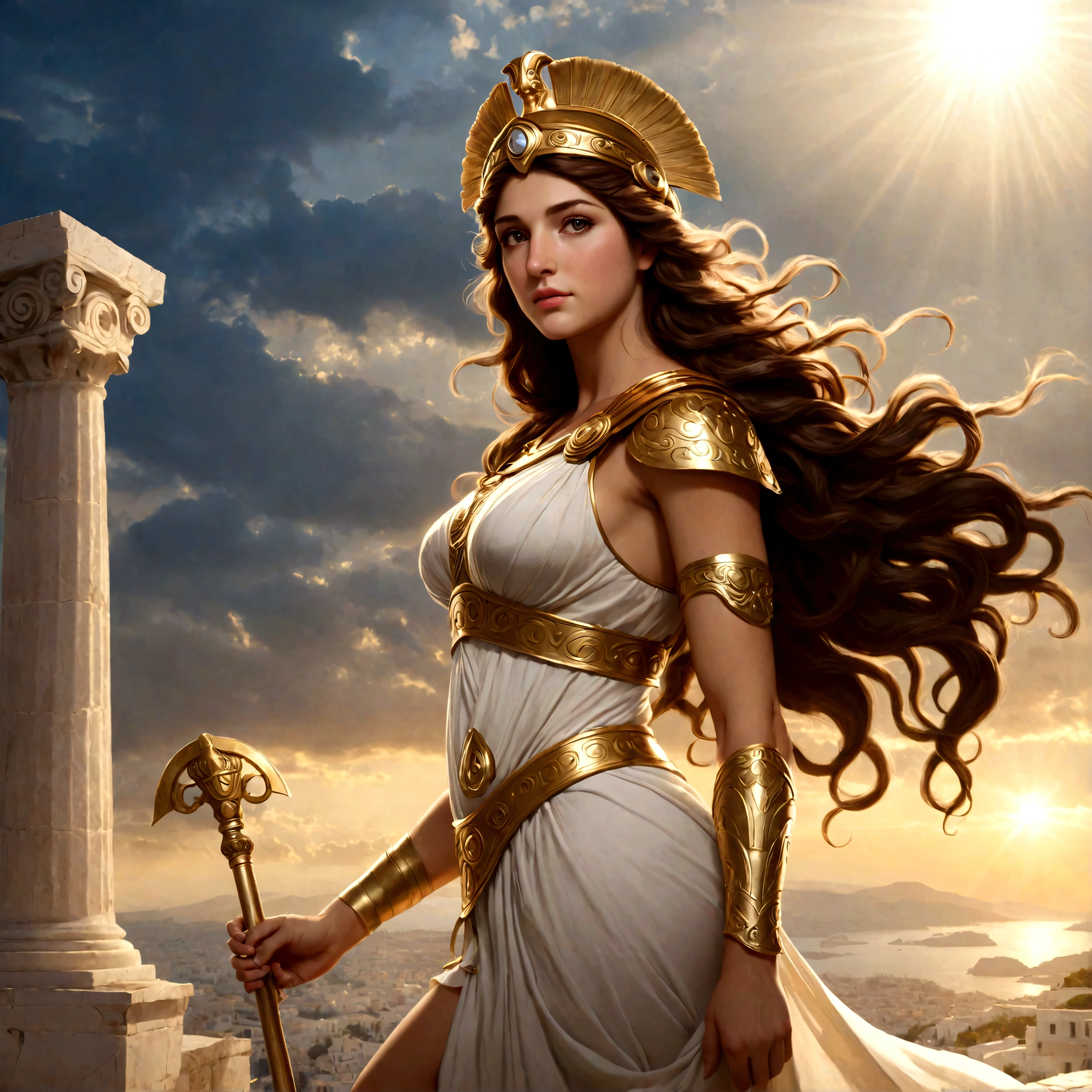 Greek Goddess Athena, long brown hair, gray eyes, nice ass.