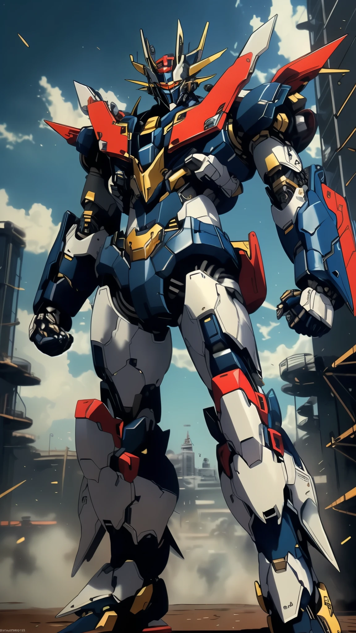 Humanoid Mecha, fully enclosed shoulder guards, matching arm and leg guards, full body, full armor, the design balances heavy with agility, (the color scheme is primarily white with red and blue accents, the concept Inspired by Mazinger Z, organic biotech armor, standing, floating high above the futuristic sci-fi city), exquisite and mature art style, (aura effect, energy, glowing eyes, the armor glows), Super robot, ((SRS)), metallic, dynamic, dramatic, high definition, best quality, highres, ultra-detailed, ultra-fine painting, extremely delicate, professional, perfect body proportions, anatomically correct, symmetrical face, extremely detailed eyes and face, high quality eyes, creativity, RAW photo, UHD, 32k, Natural light, cinematic lighting, masterpiece-anatomy-perfect, masterpiece:1.5